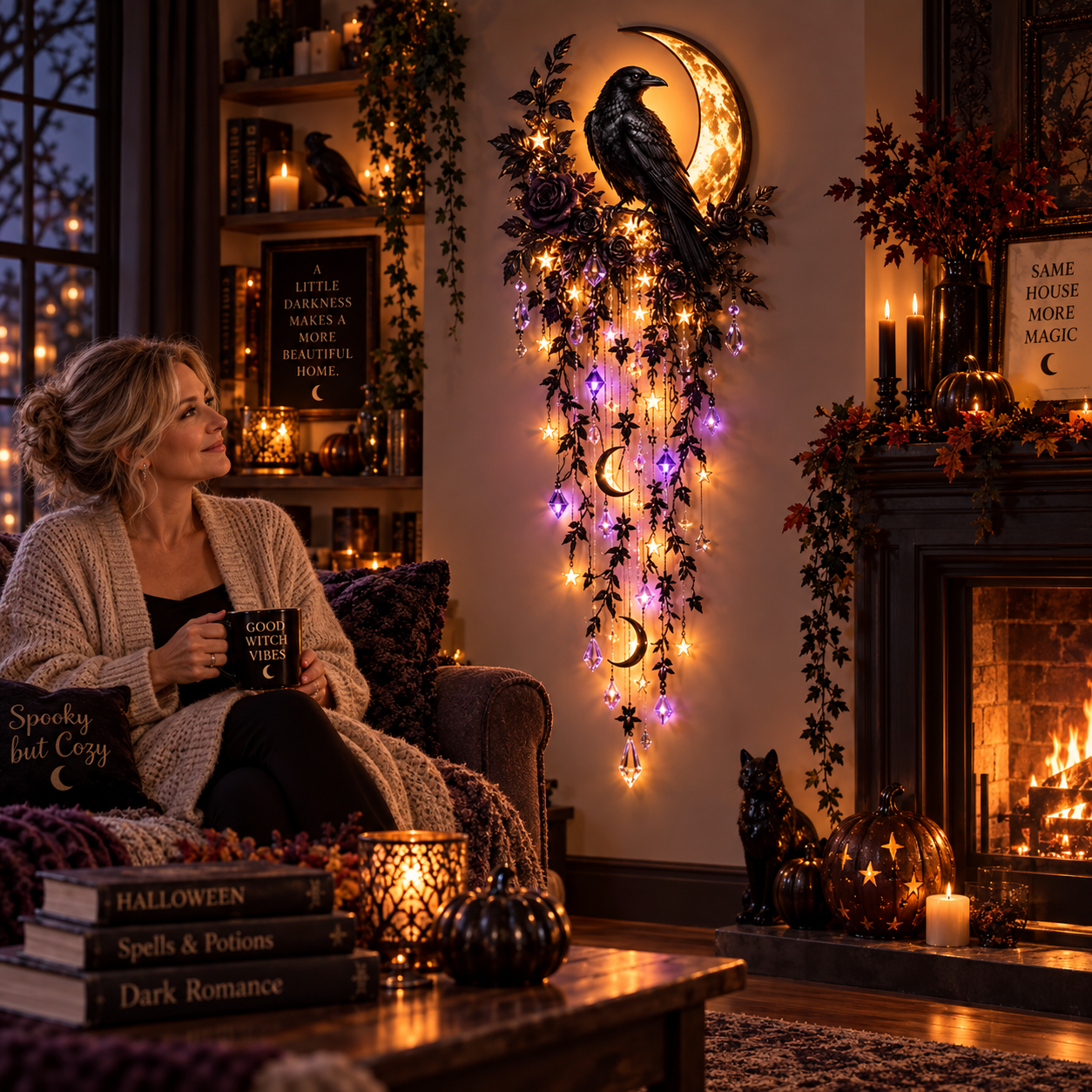 Raven Midnight in elegant Halloween room