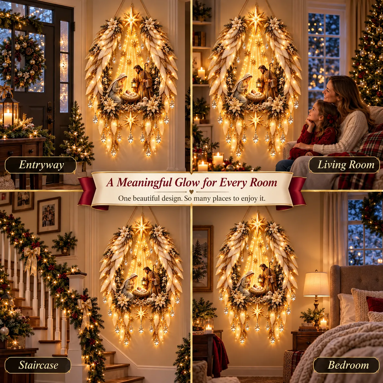 Nativity wall display shown in an entryway, living room, staircase area and bedroom