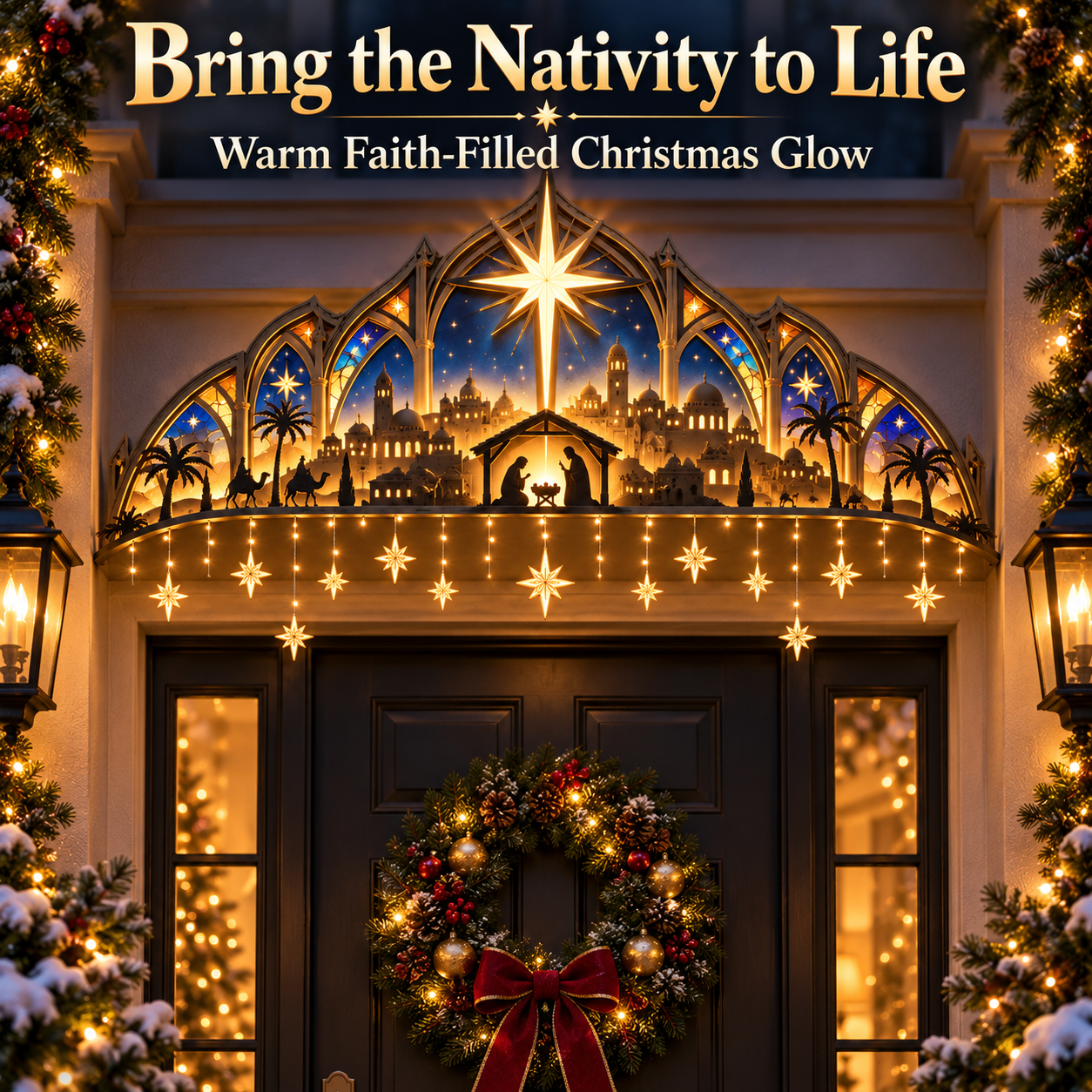 Family enjoying illuminated nativity Christmas doorway decoration