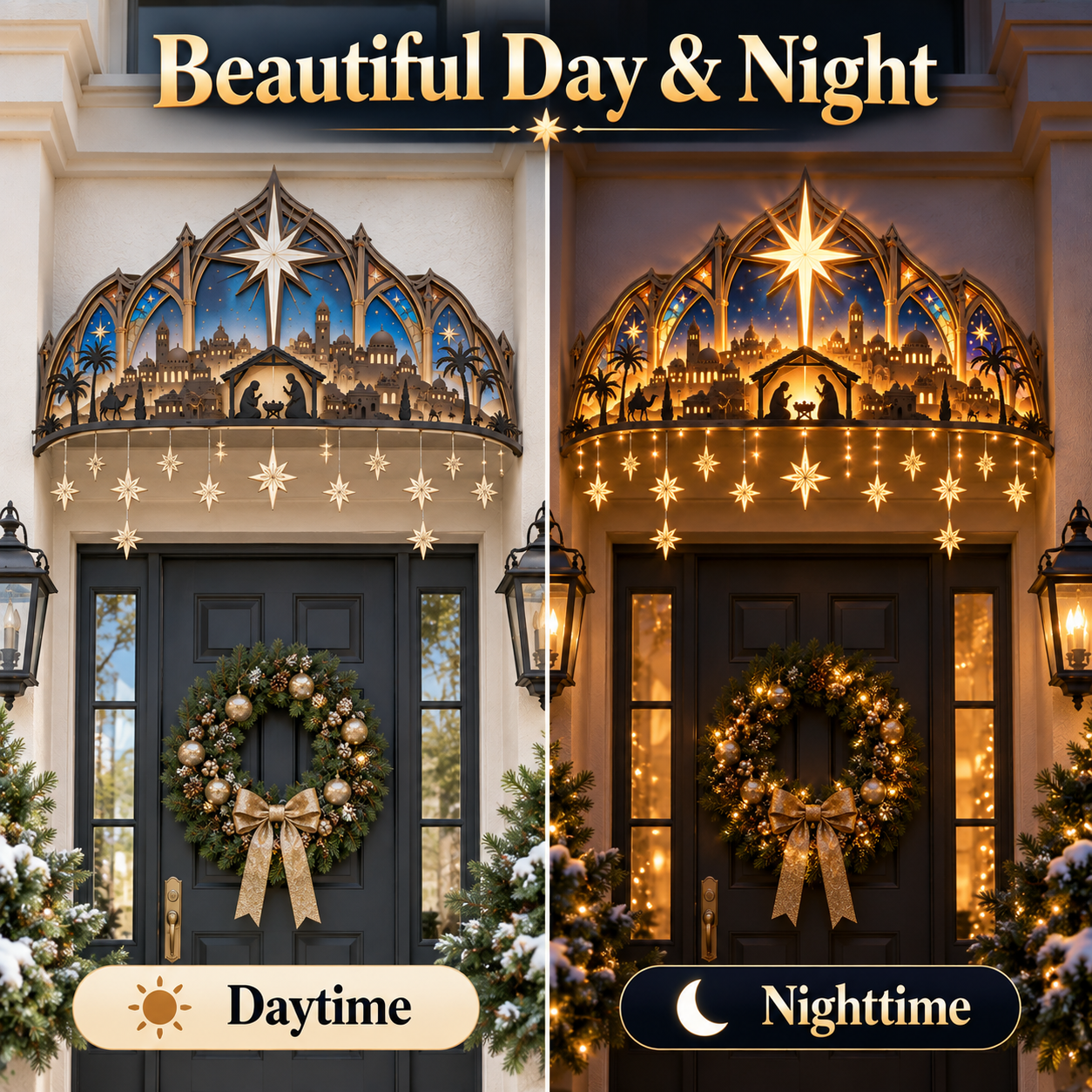 Day and night view of Bethlehem nativity Christmas decoration