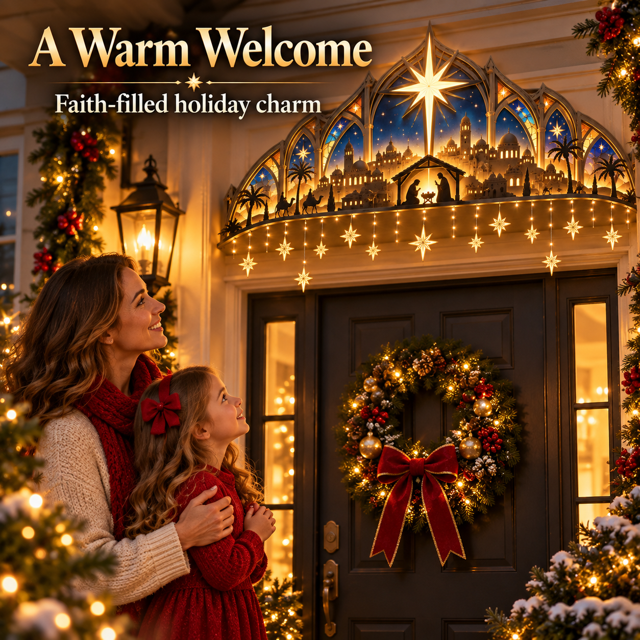 Lighted Bethlehem nativity Christmas display glowing at night