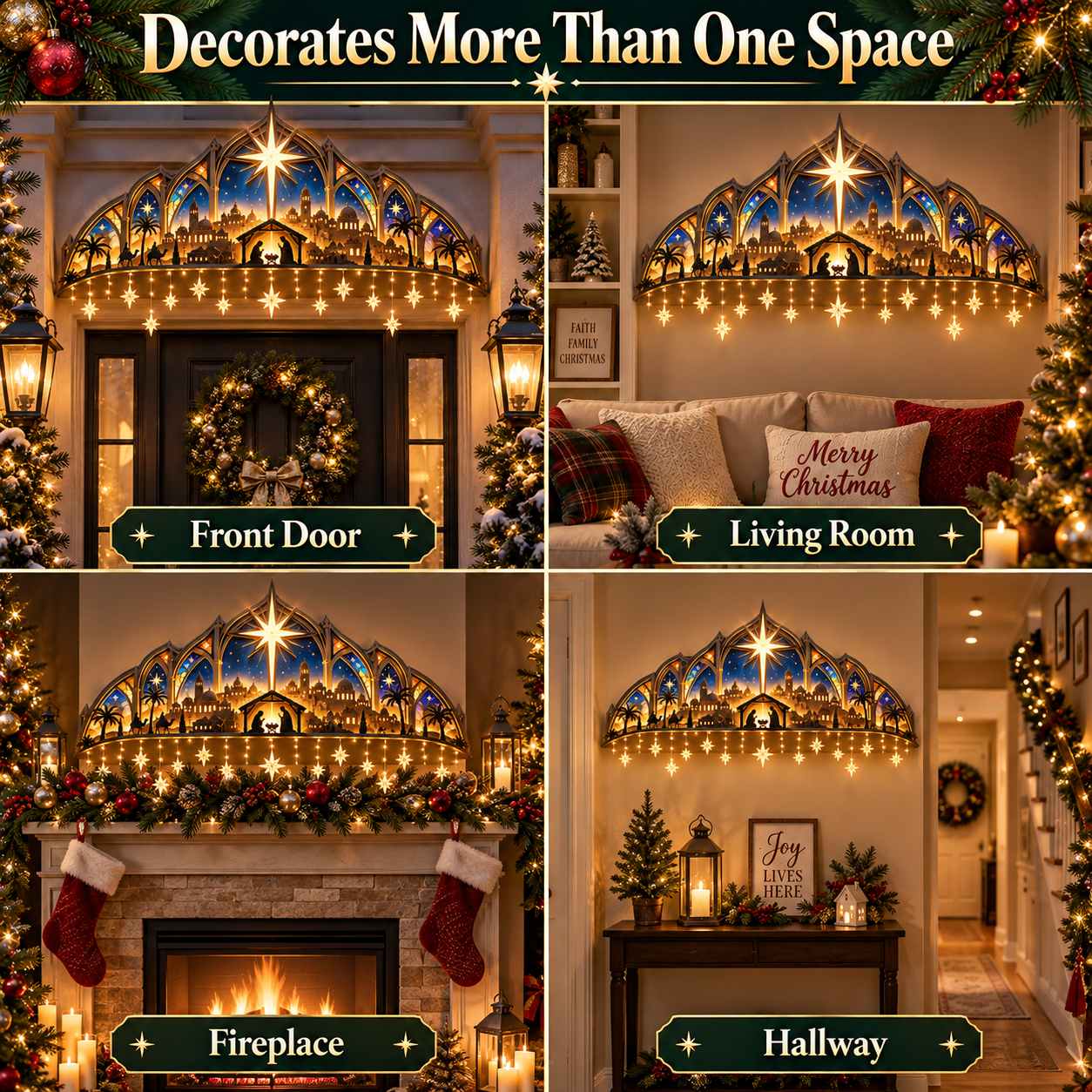 Nativity Christmas decoration displayed in multiple holiday spaces