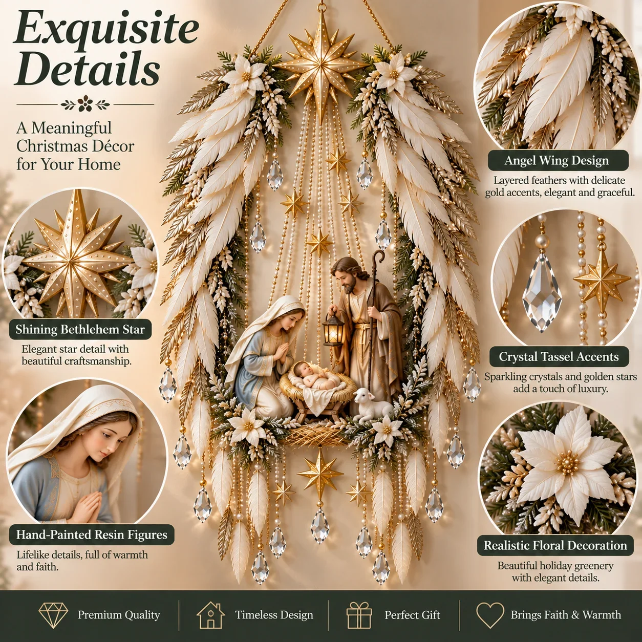 Detailed Bethlehem Star, angel wing design, crystal tassel accents and Nativity figures