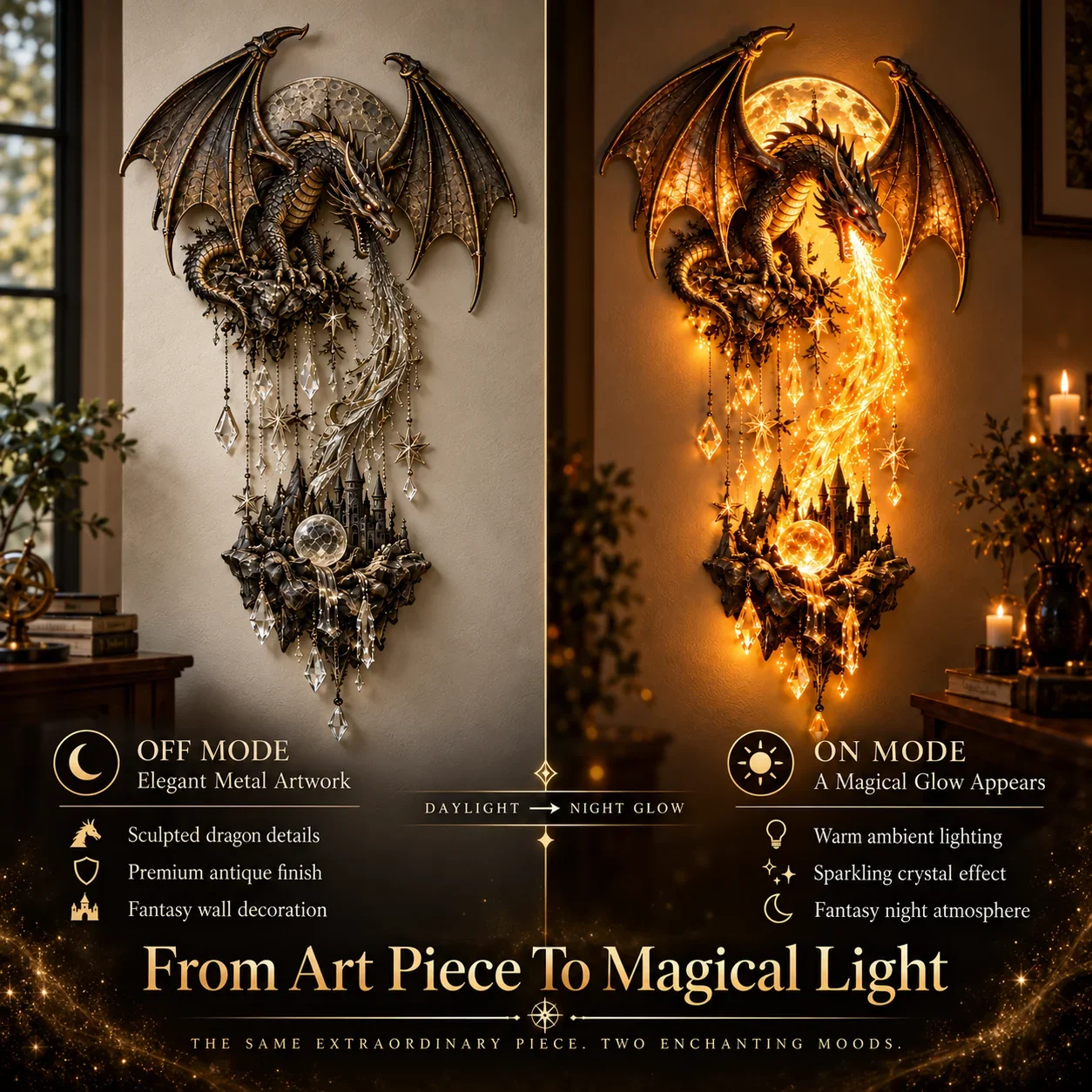 Dragonfire wall lamp day and night
