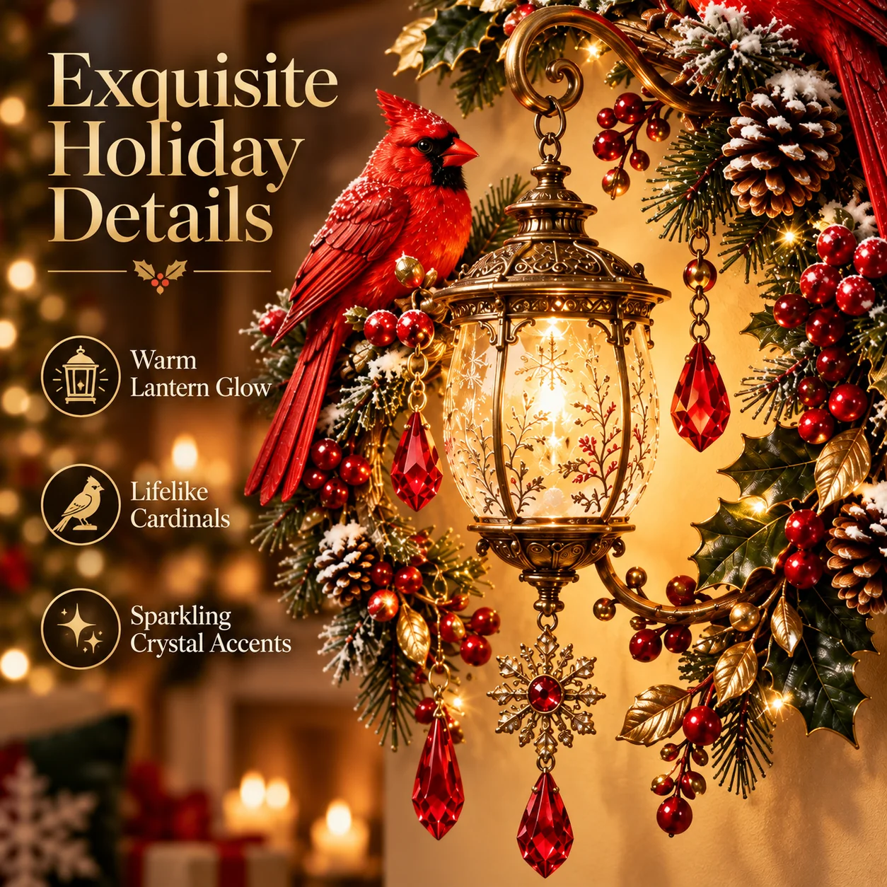 Close-up details of the cardinal lantern Christmas wall light