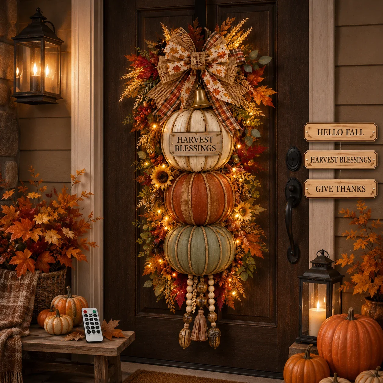Lighted stacked pumpkin fall front door decoration with three seasonal plaques