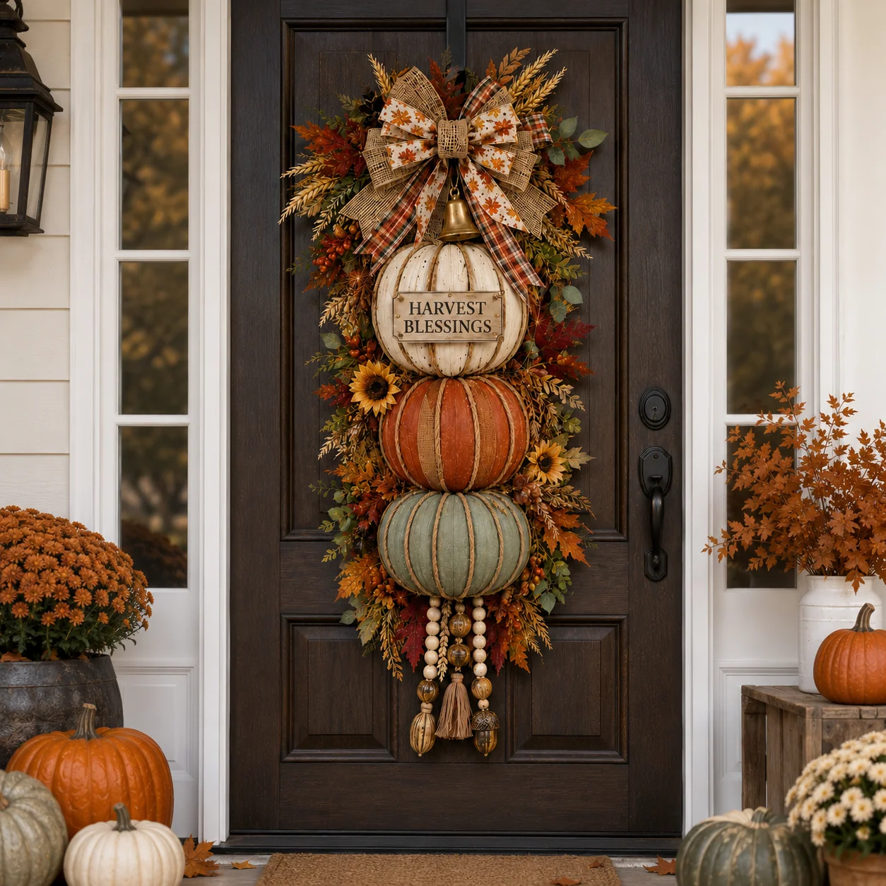 Stacked pumpkin fall door decor displayed on a front door