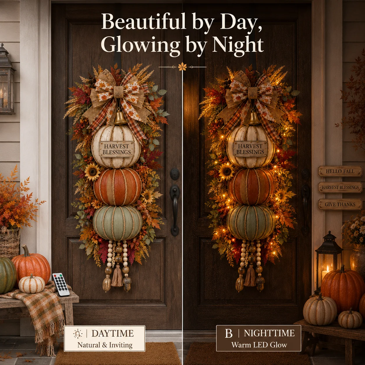 Stacked pumpkin fall decoration shown by day and glowing at night