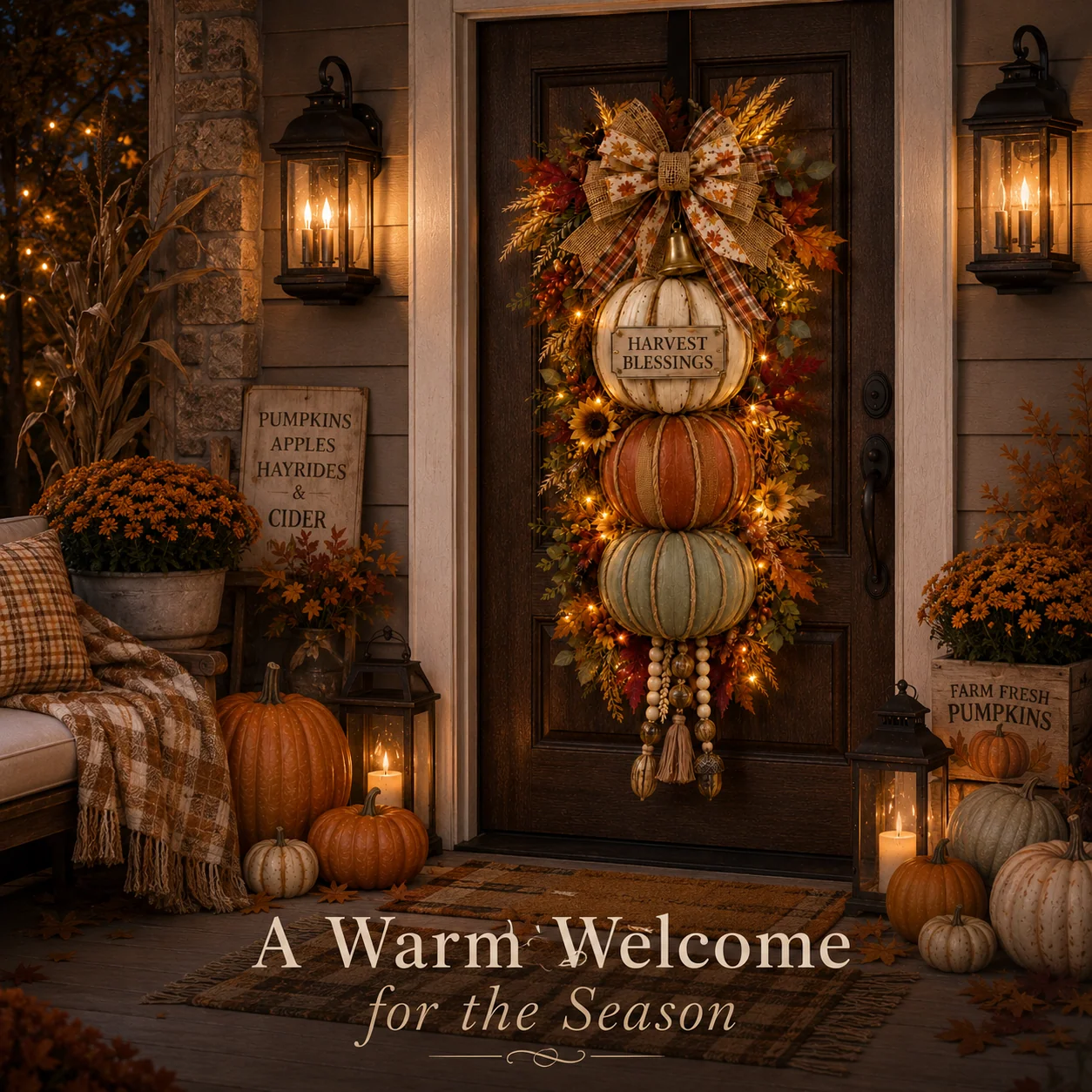Lighted stacked pumpkin front door decor creating a warm fall welcome