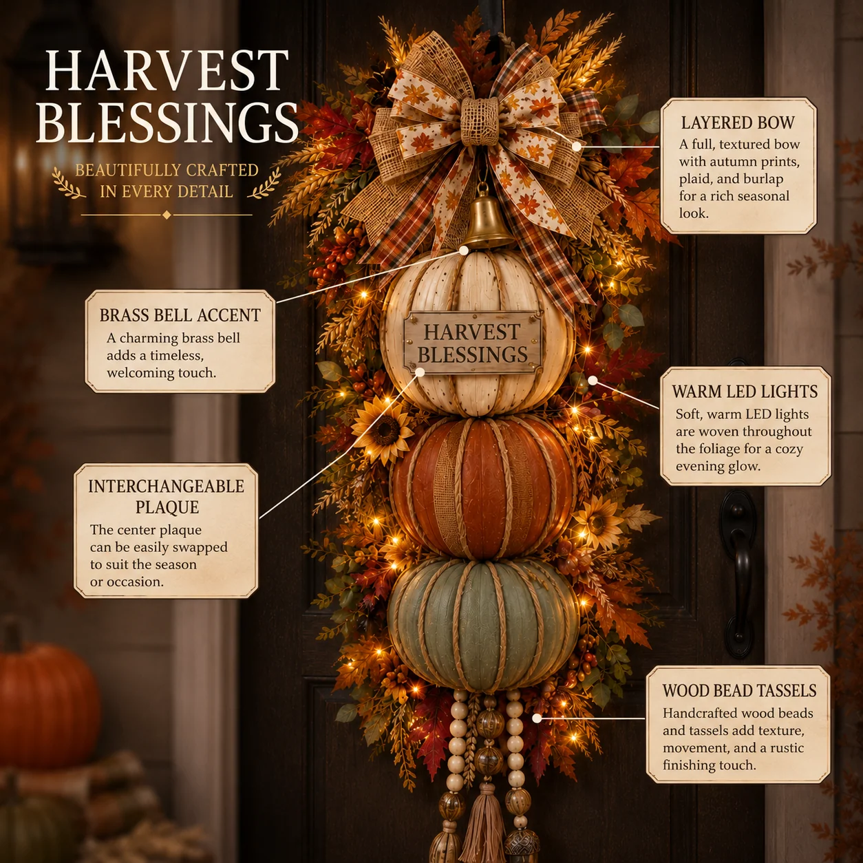 Close detail view of lighted stacked pumpkin harvest door decoration