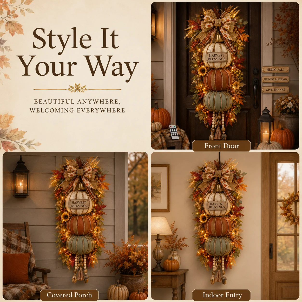 Stacked pumpkin fall decoration styled on front door covered porch and indoor entry
