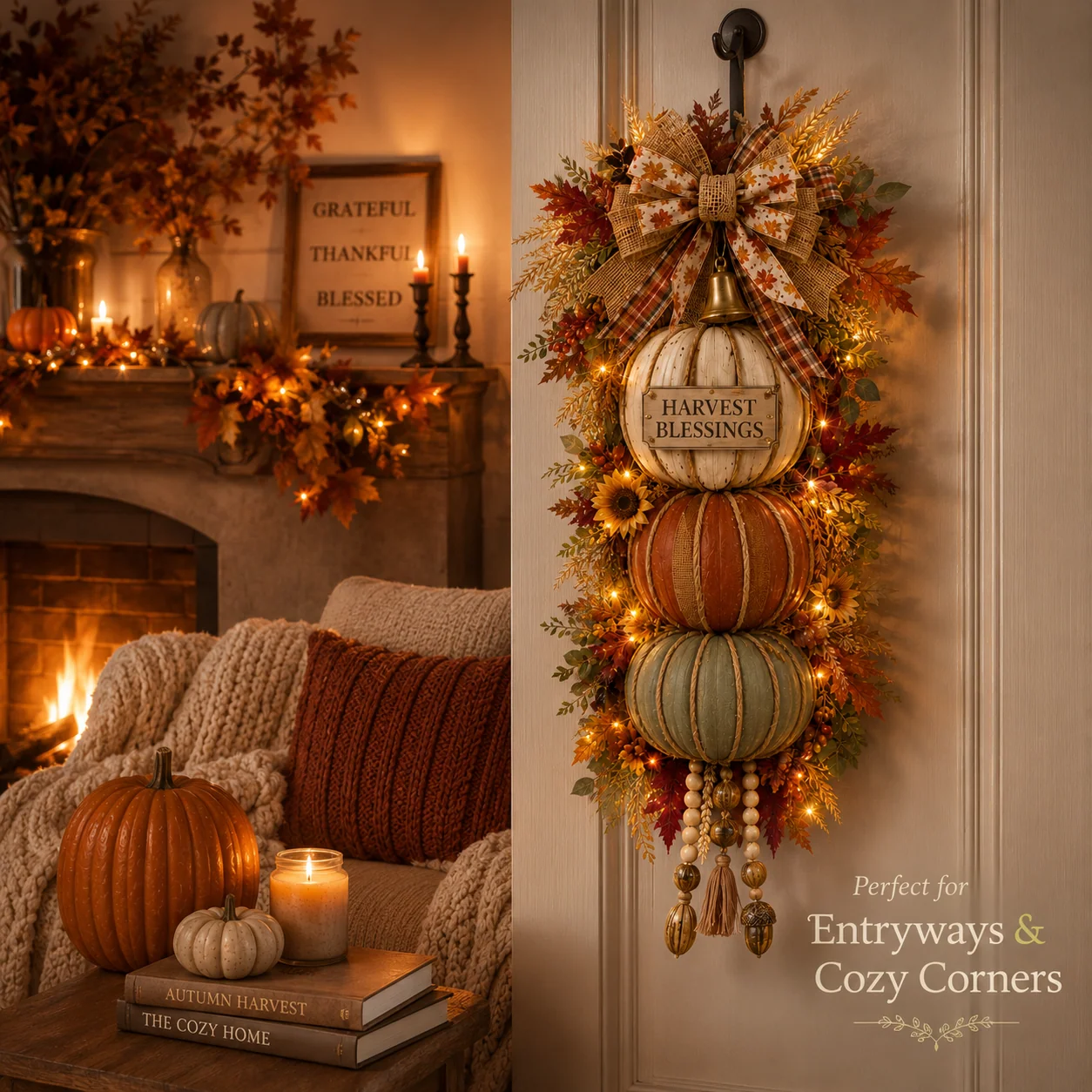 Lighted stacked pumpkin harvest decoration in a cozy autumn interior