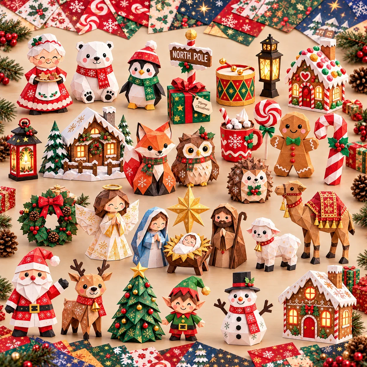 Collection of finished Christmas paper craft characters