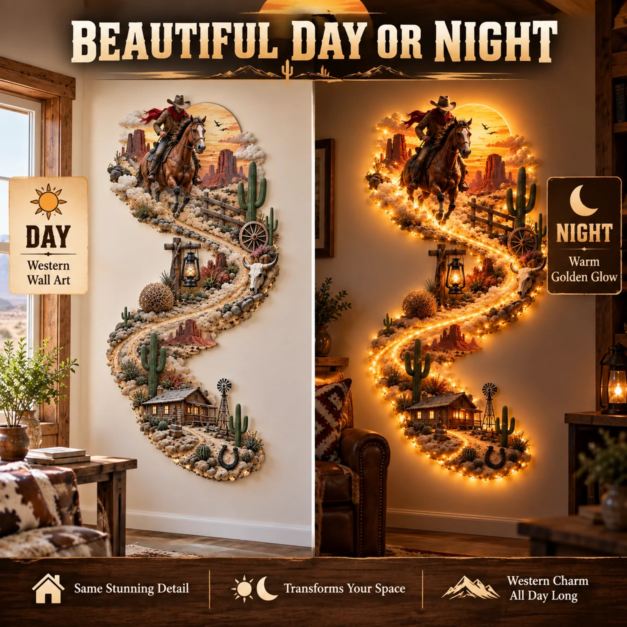 Western LED wall art illuminated at night
