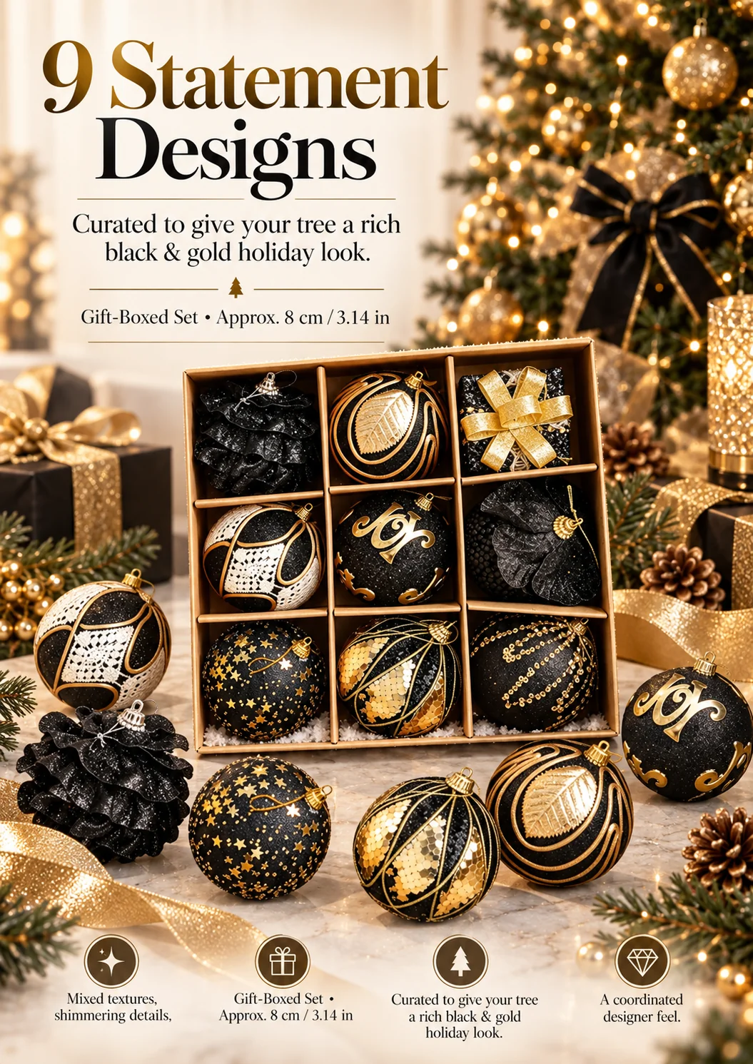 9 black and gold Christmas statement ornament designs