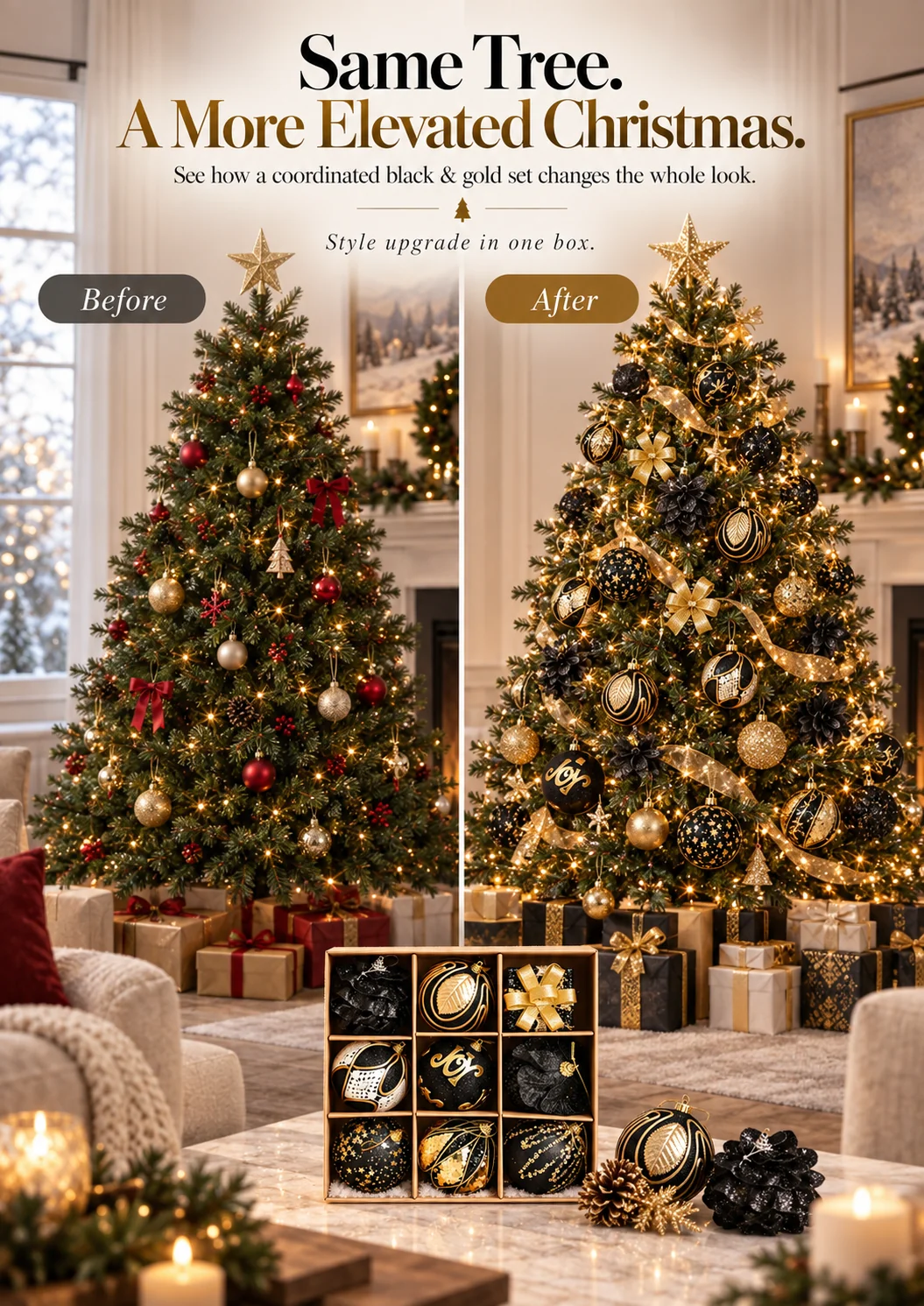 Before and after black and gold Christmas tree styling