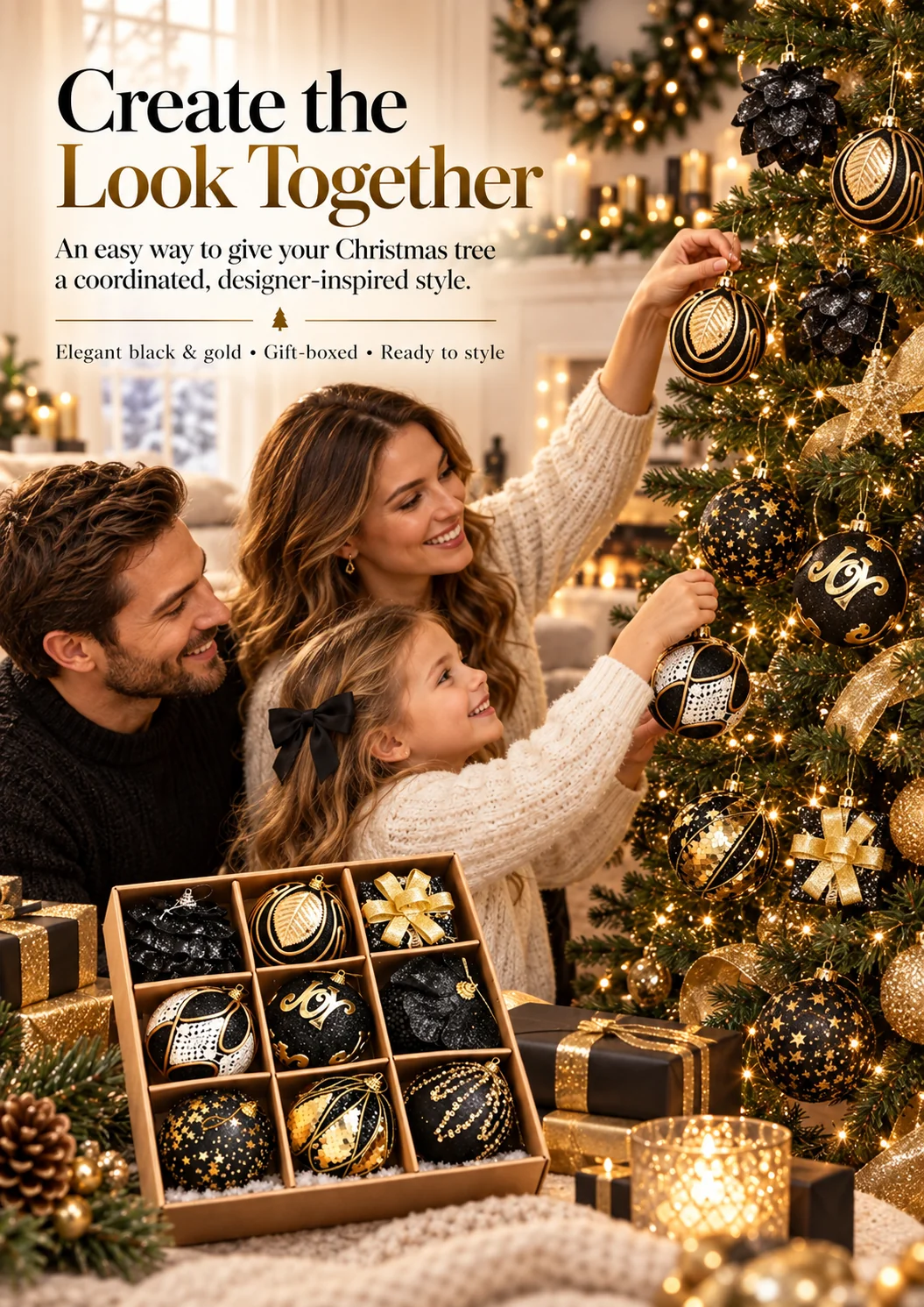 Family decorating Christmas tree with black and gold ornaments