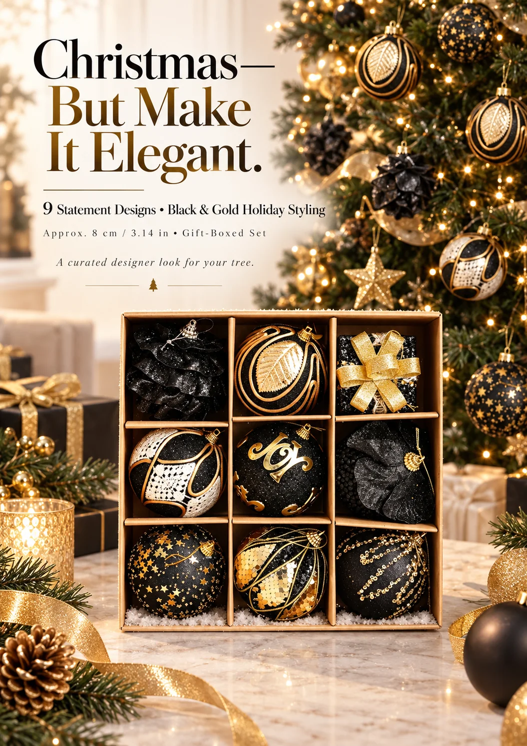 Luxe Black and Gold Christmas Ornament Set