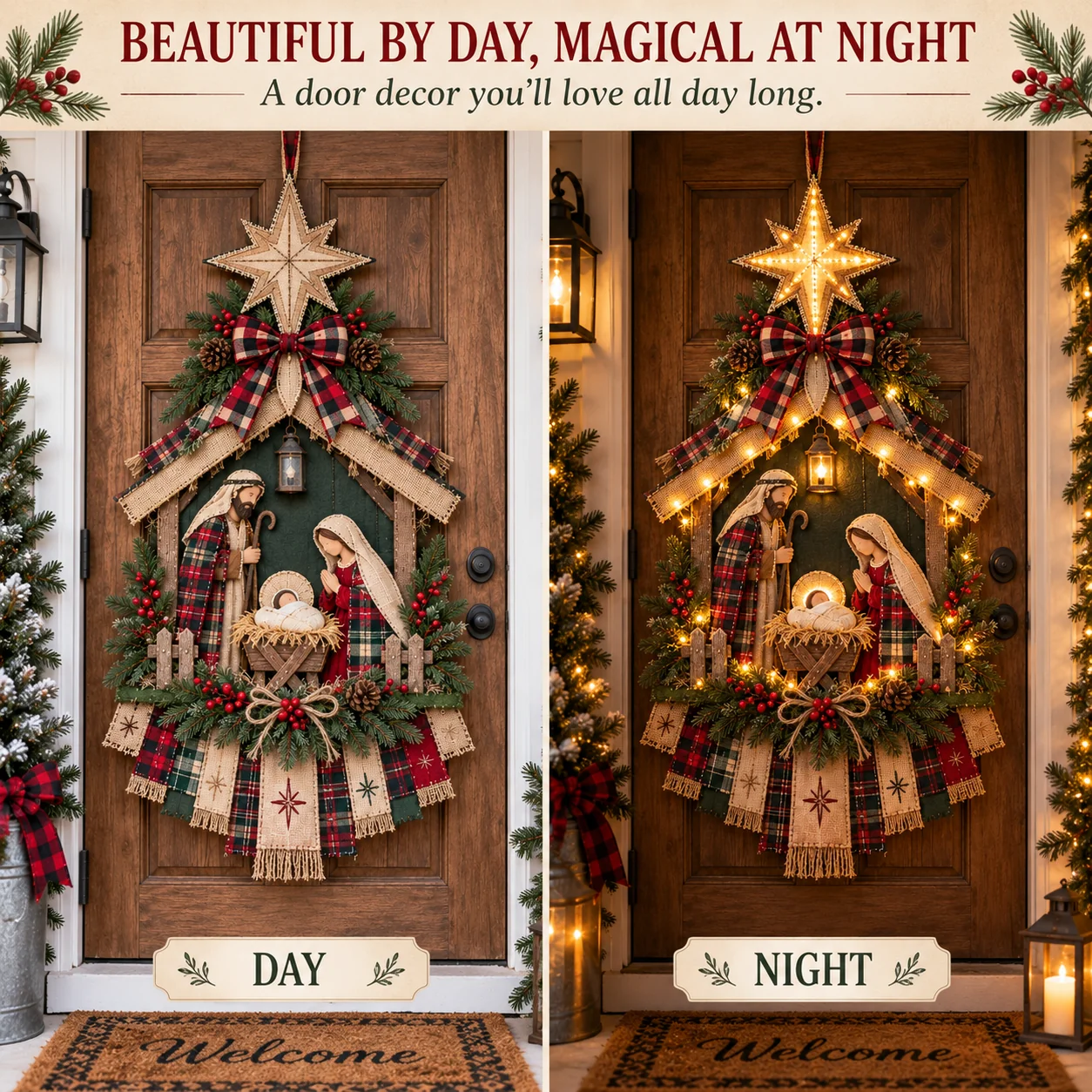 DIY Nativity door hanging shown during the day and illuminated at night