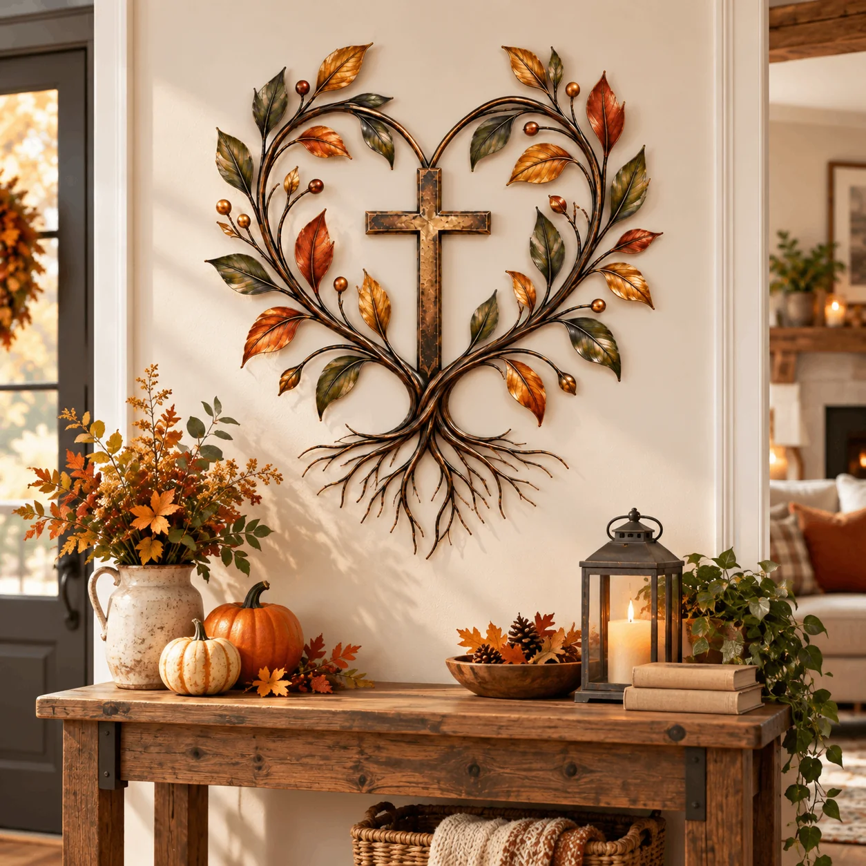 Tree of Life Cross wall décor displayed above a rustic console