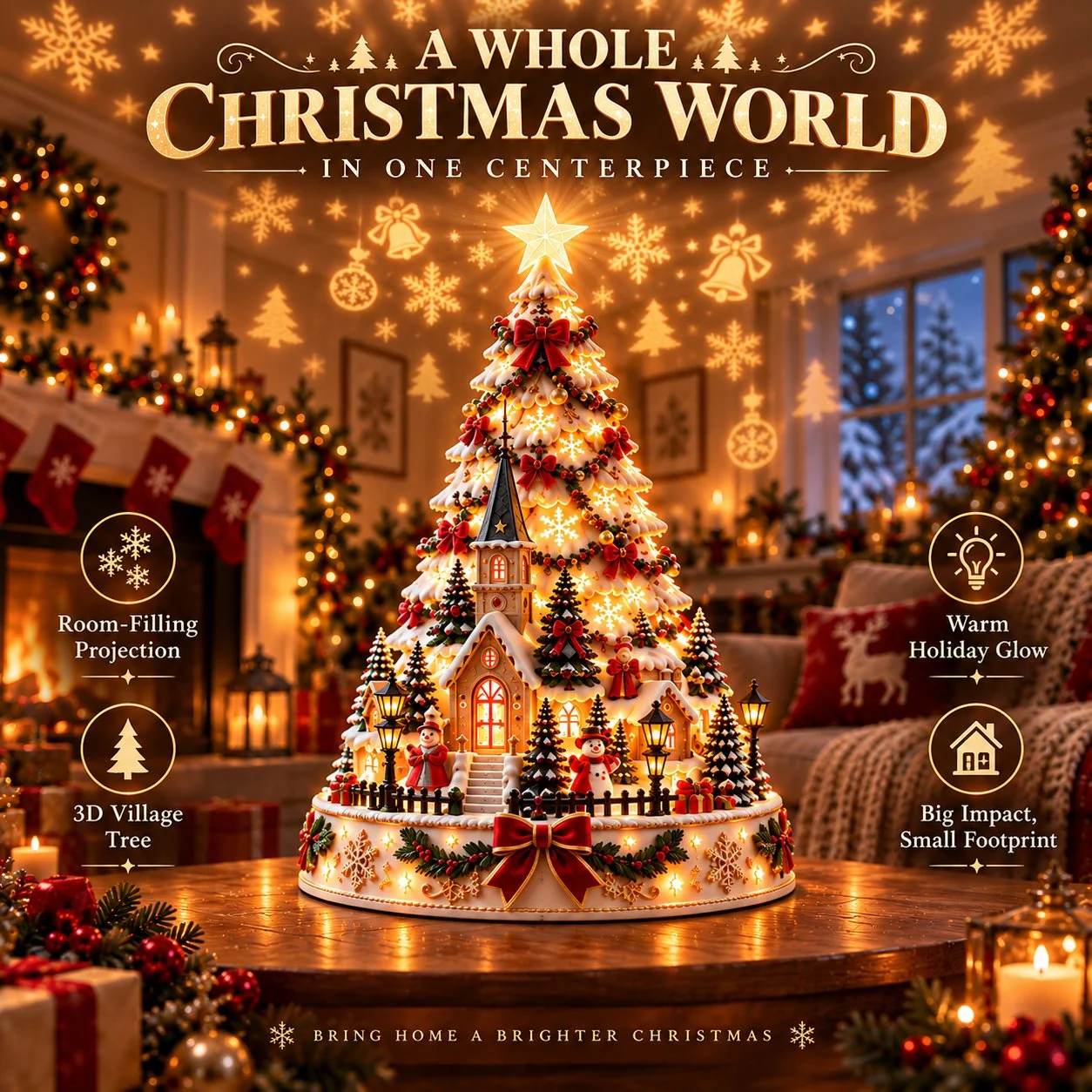 Christmas Village Lightscape Tree filling a room with festive projection