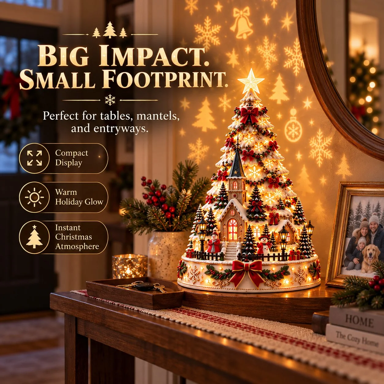 Christmas Village Lightscape Tree on an entry table