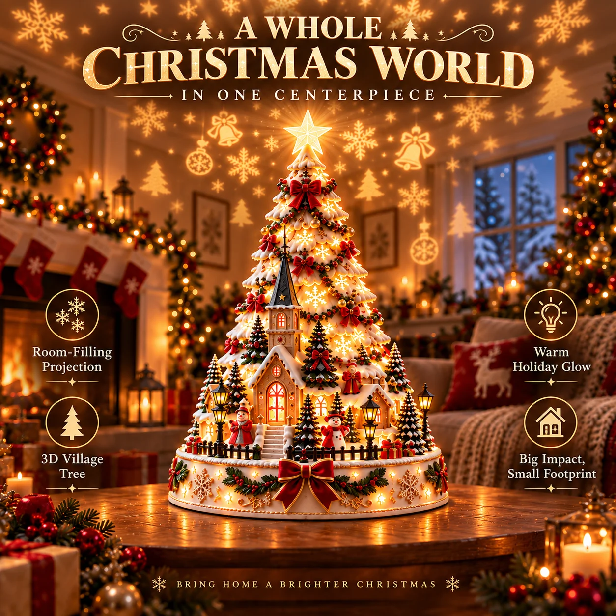 Illuminated Christmas village centerpiece with projection