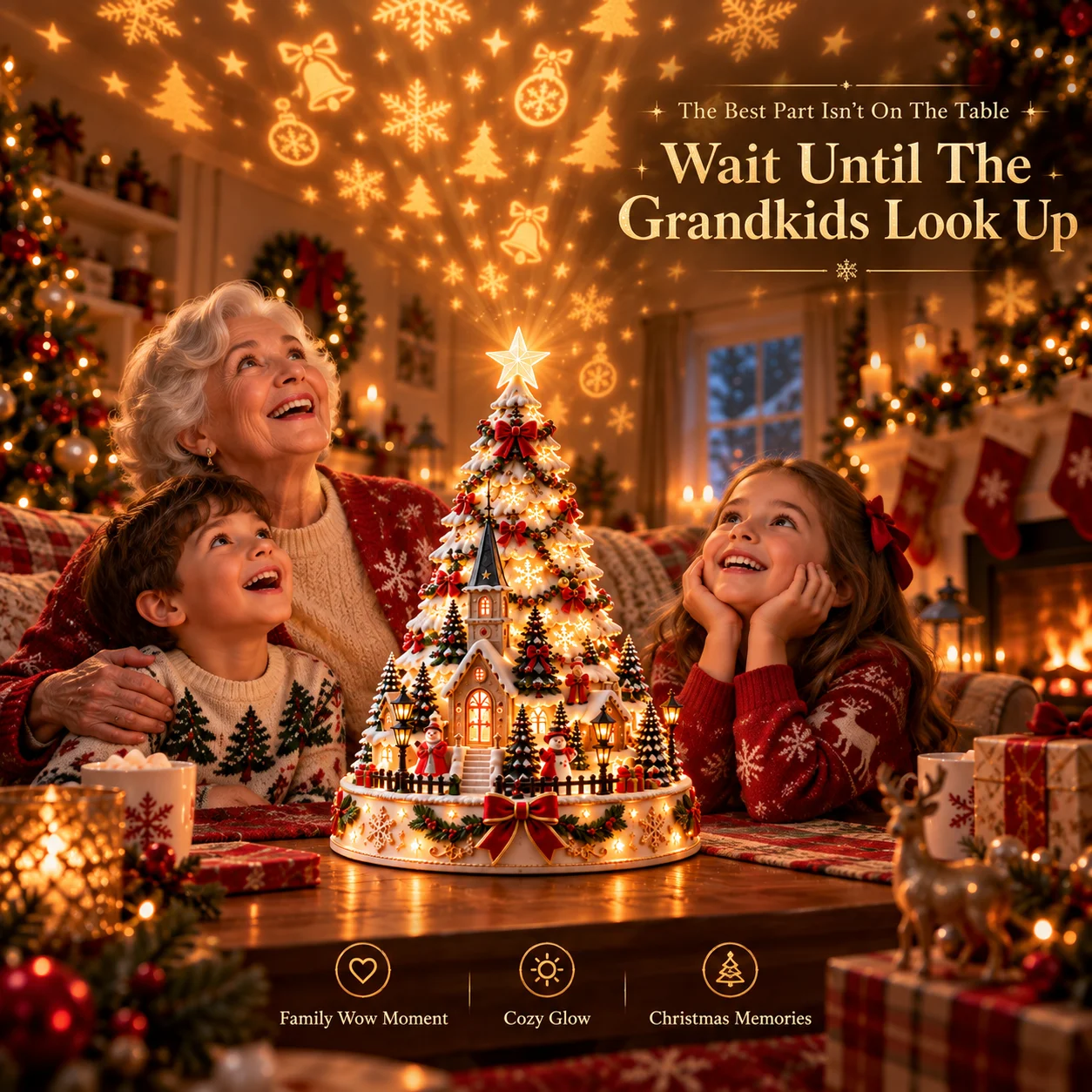 Family admiring the glowing Christmas village