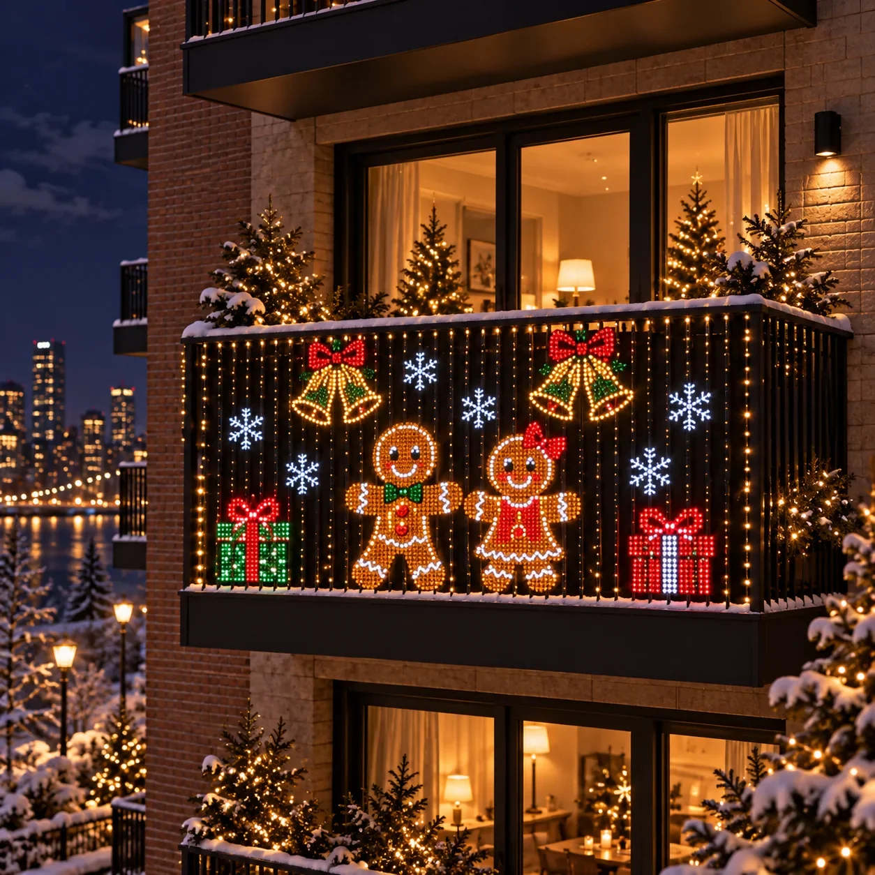Christmas LED curtain displayed on a balcony
