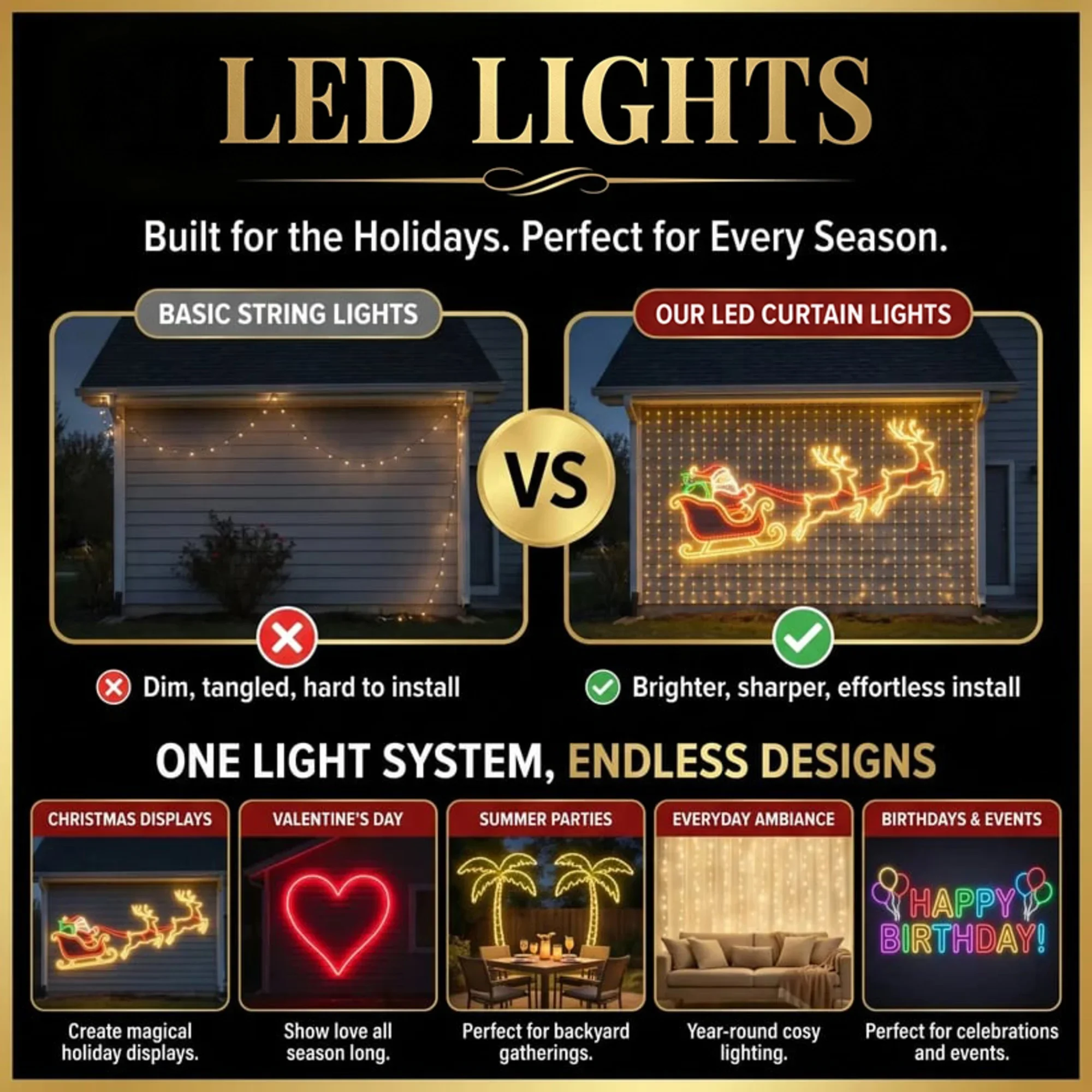LED curtain lights creating a large Christmas display