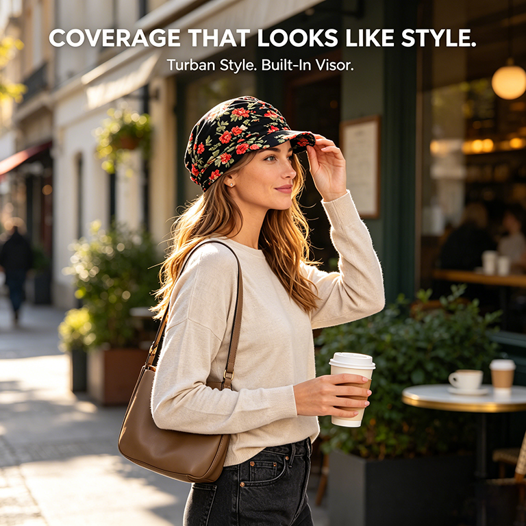 Coverage That Looks Like Style — Turban Style Built-In Visor Floral Print Ruched Turban Cap