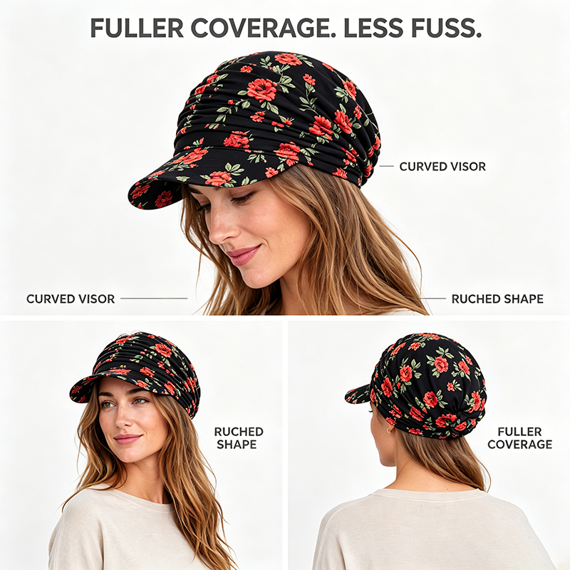Fuller Coverage Less Fuss — Curved Visor Ruched Shape Full Coverage Back View Turban Cap