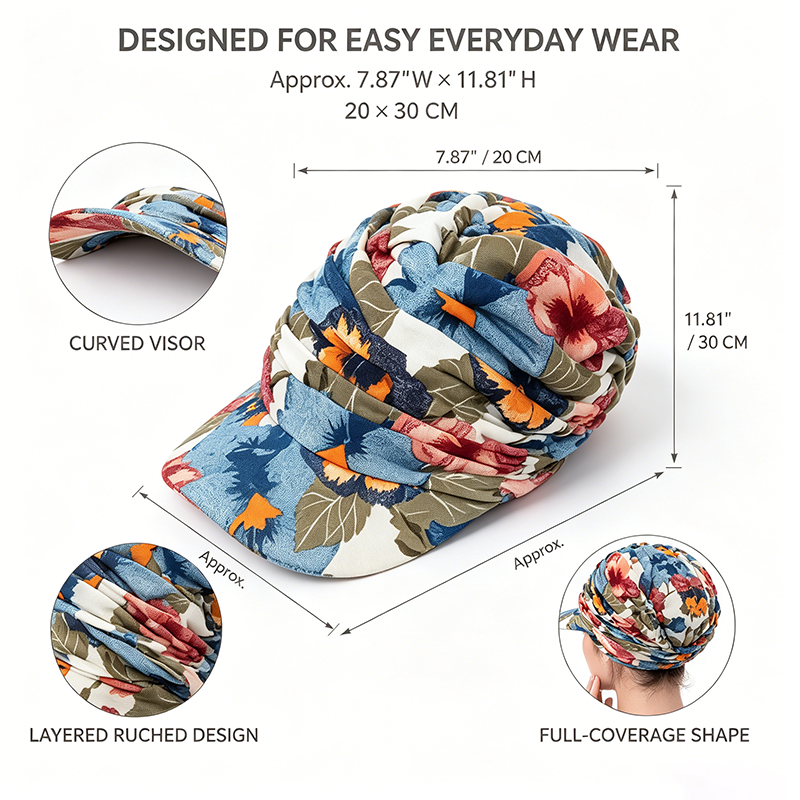 Designed for Easy Everyday Wear — Size 7.87x11.81in Curved Visor Layered Ruched Design Full-Coverage Shape