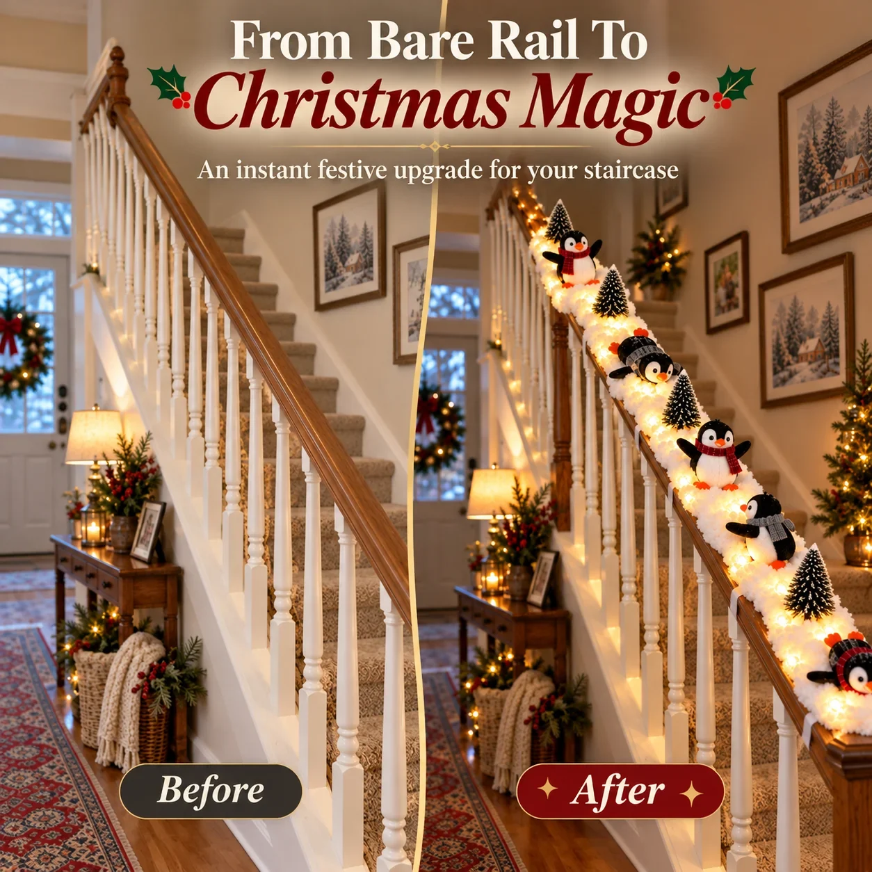 Before and After Christmas Penguin Stair Railing Decoration
