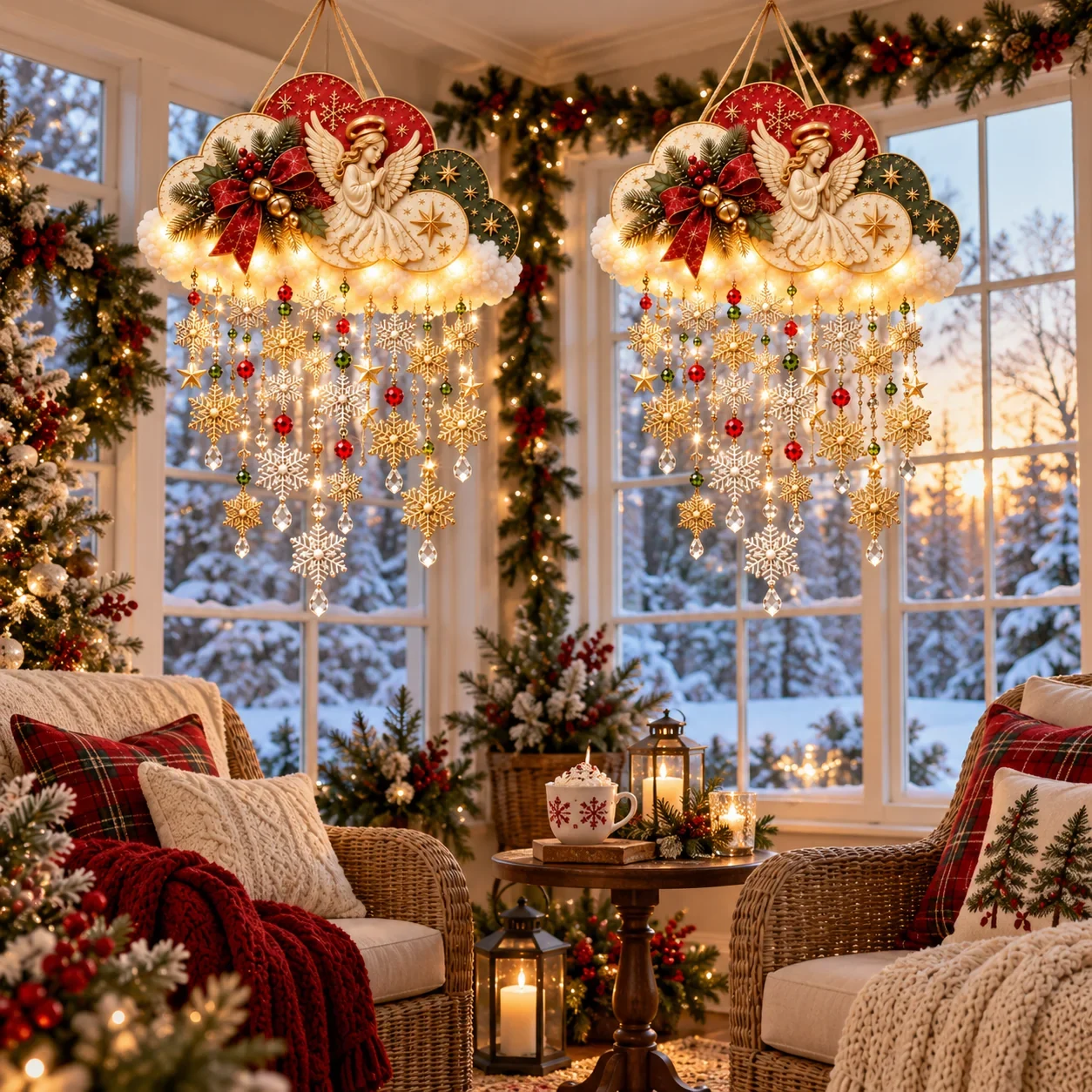 Christmas snowfall clouds decorating a cozy winter sitting room