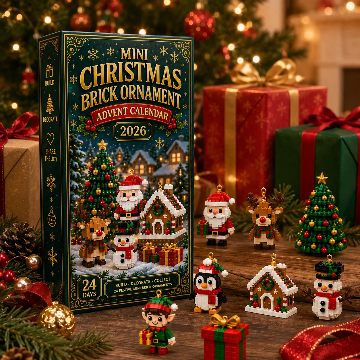Green and gold advent calendar packaging with festive mini builds