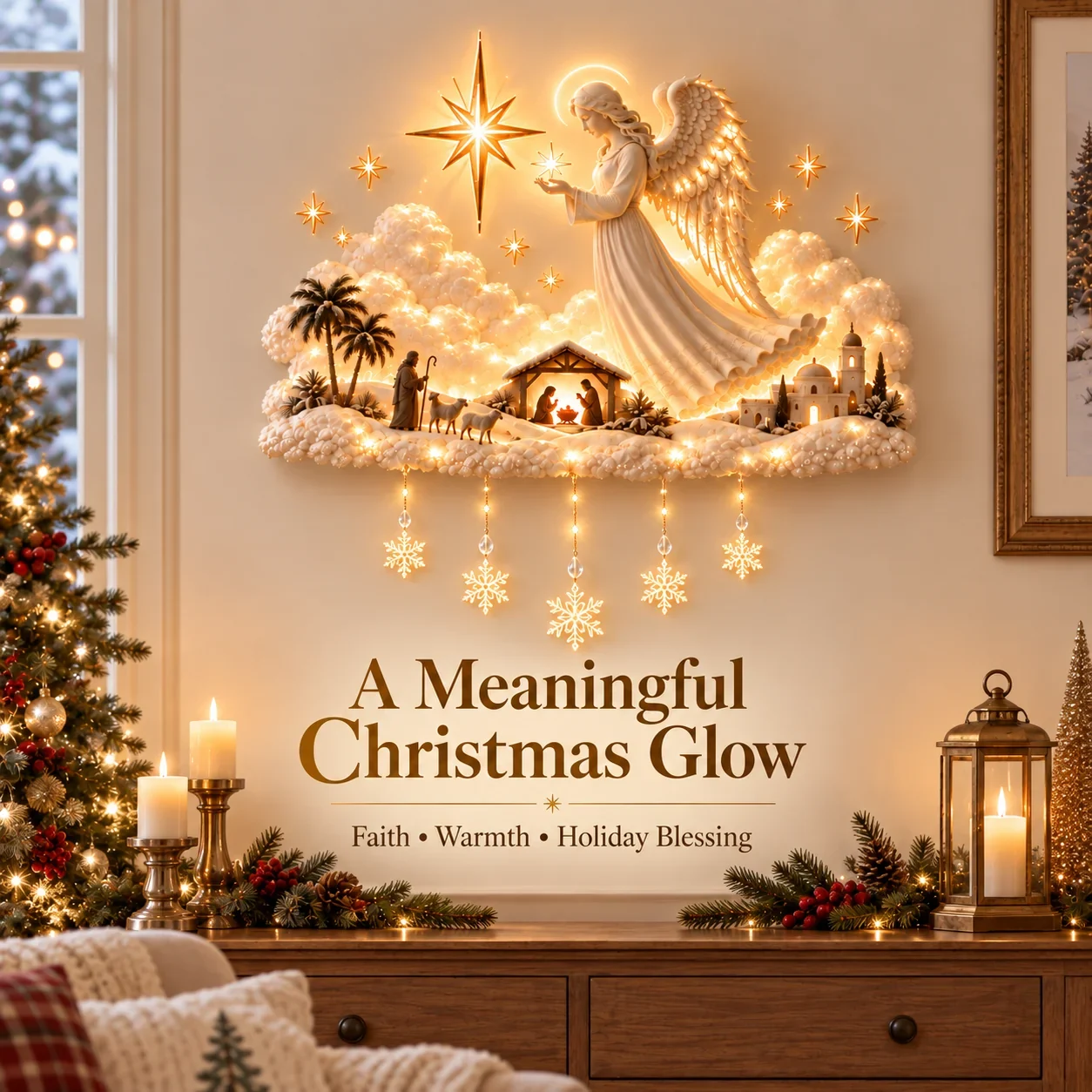 Nativity Starfall Wall Light daytime and nighttime Christmas effect