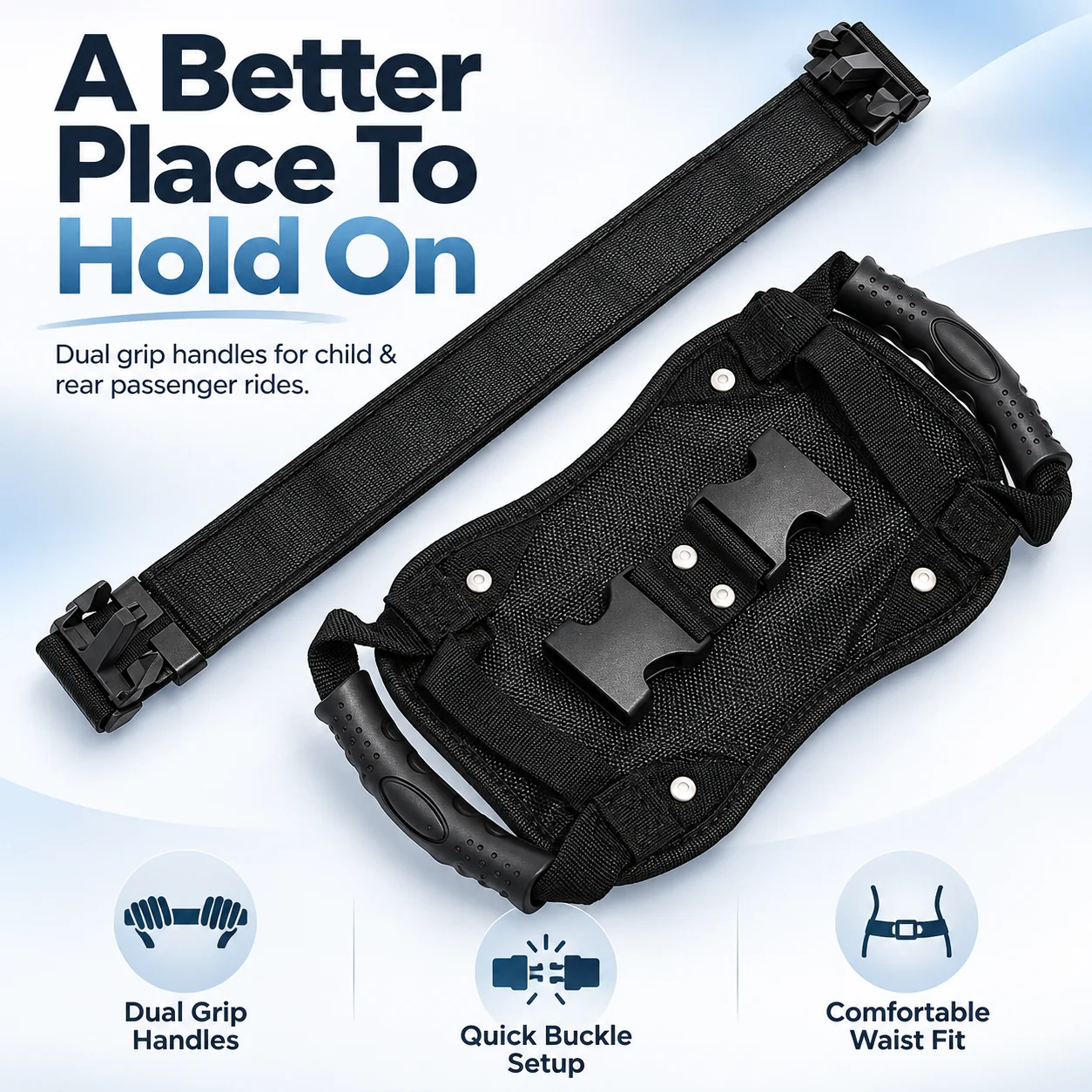 Motorcycle passenger grip belt with dual handles