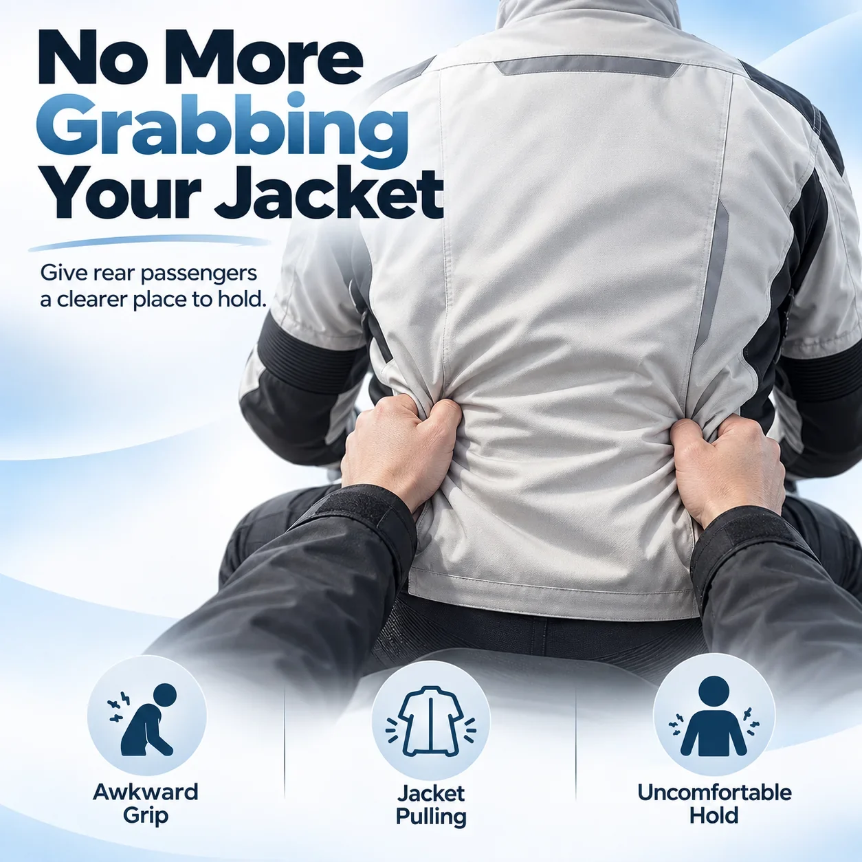 Rear passenger grabbing motorcycle rider jacket