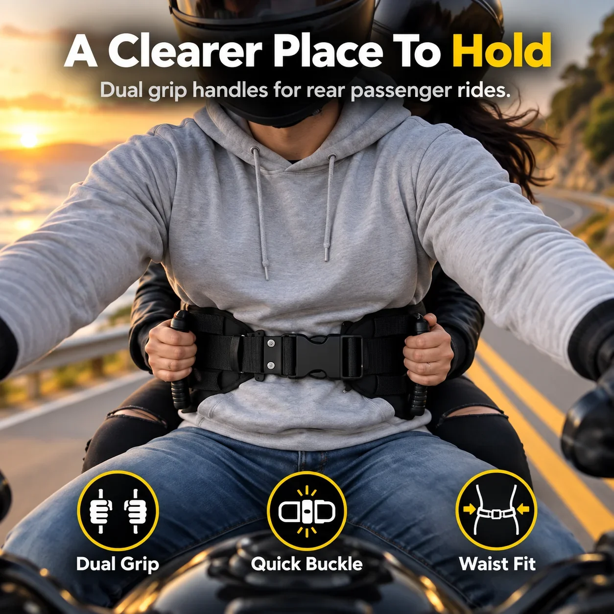 Motorcycle passenger grip belt core features
