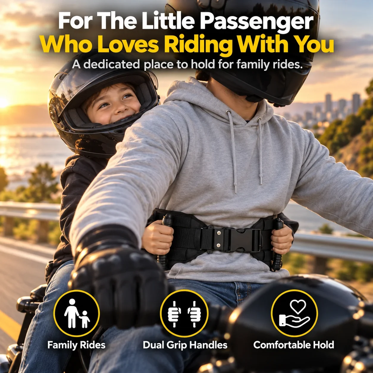 Parent and child motorcycle passenger riding lifestyle