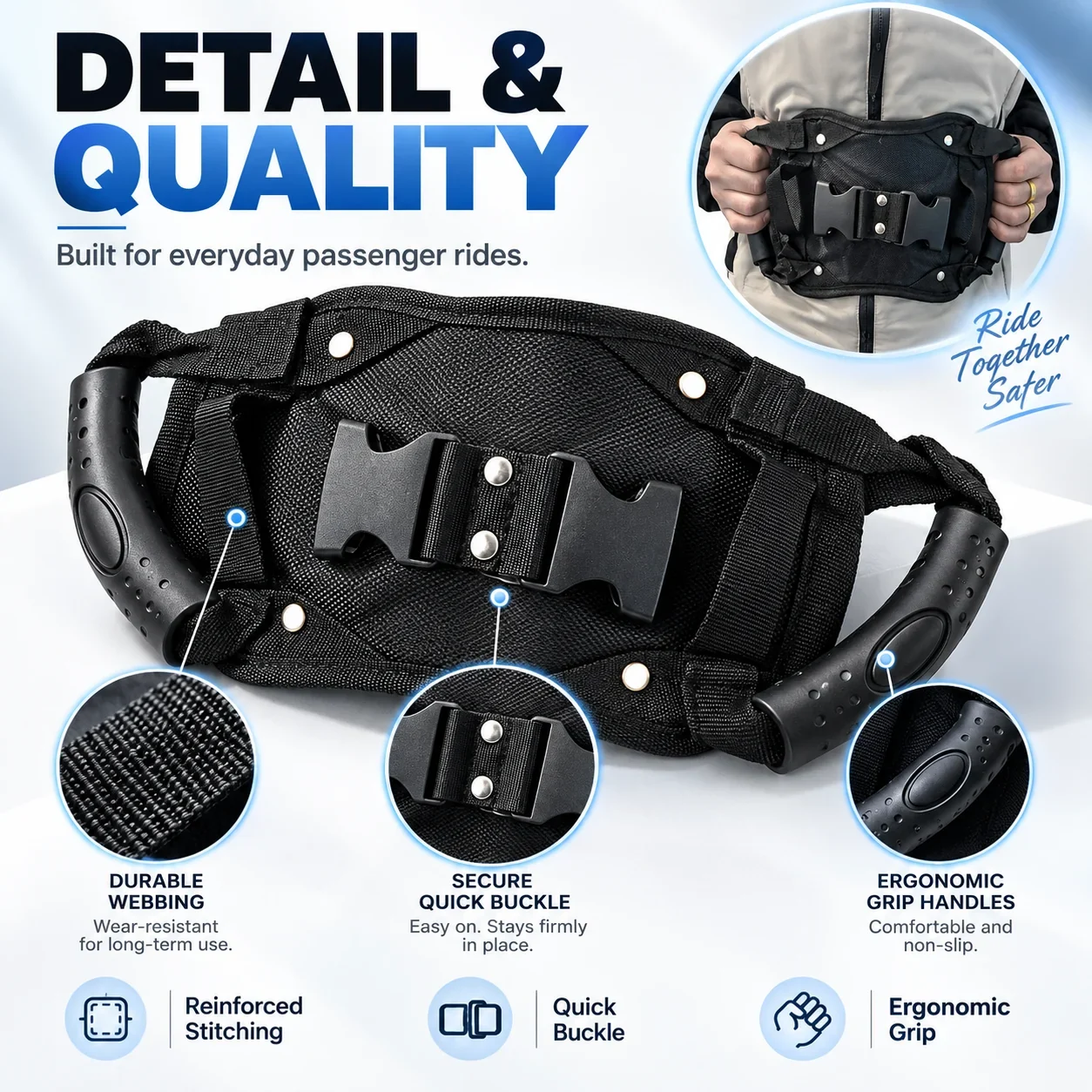 Motorcycle passenger grip belt detail and quality