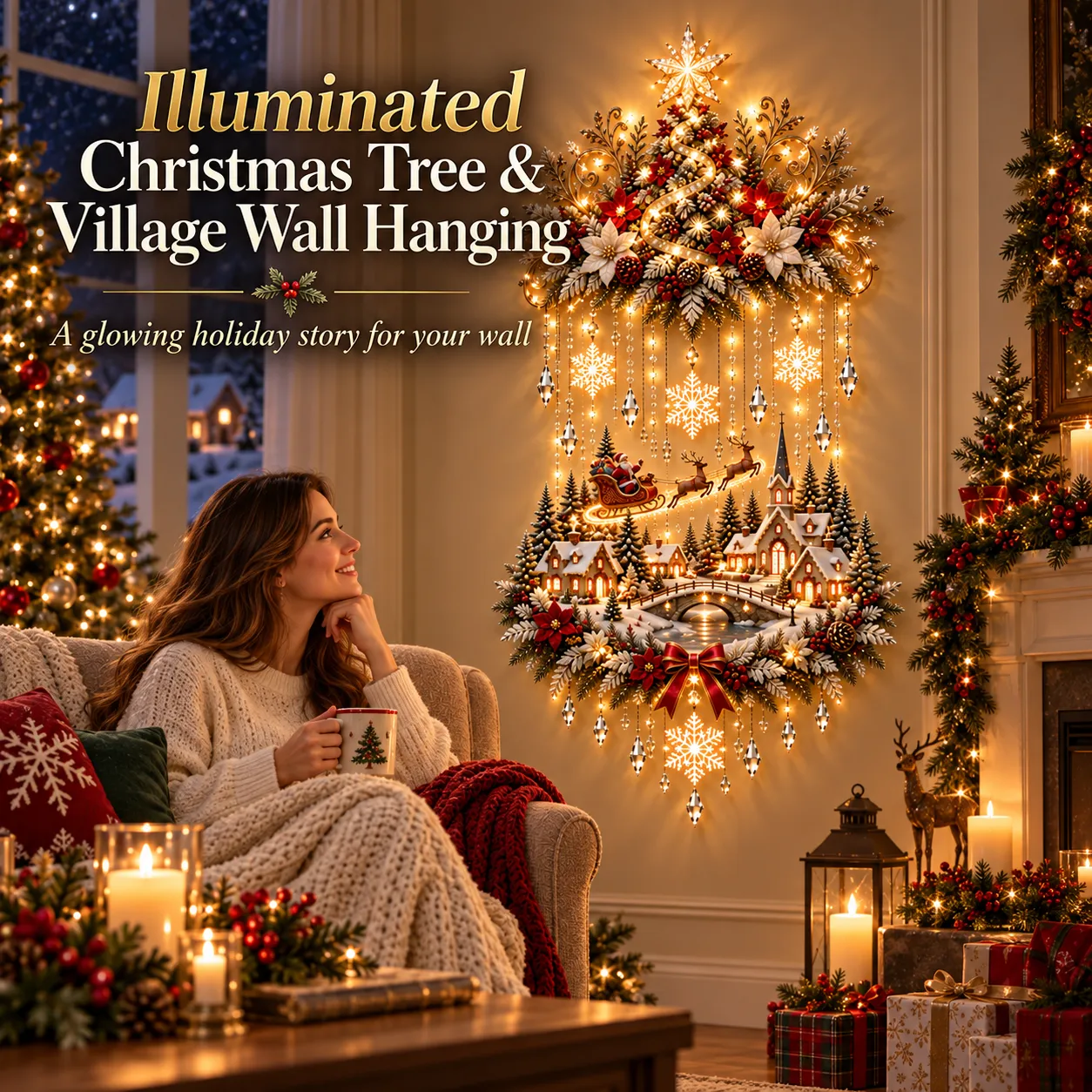 Illuminated vertical Christmas tree and snowy village wall hanging
