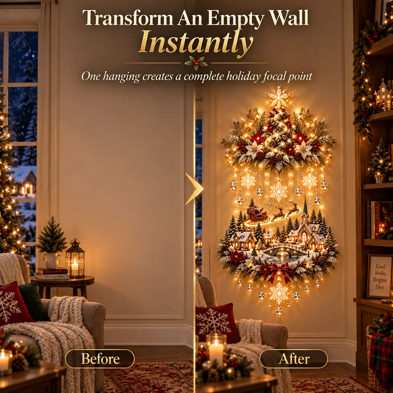 Tall illuminated Christmas decoration transforming a blank wall