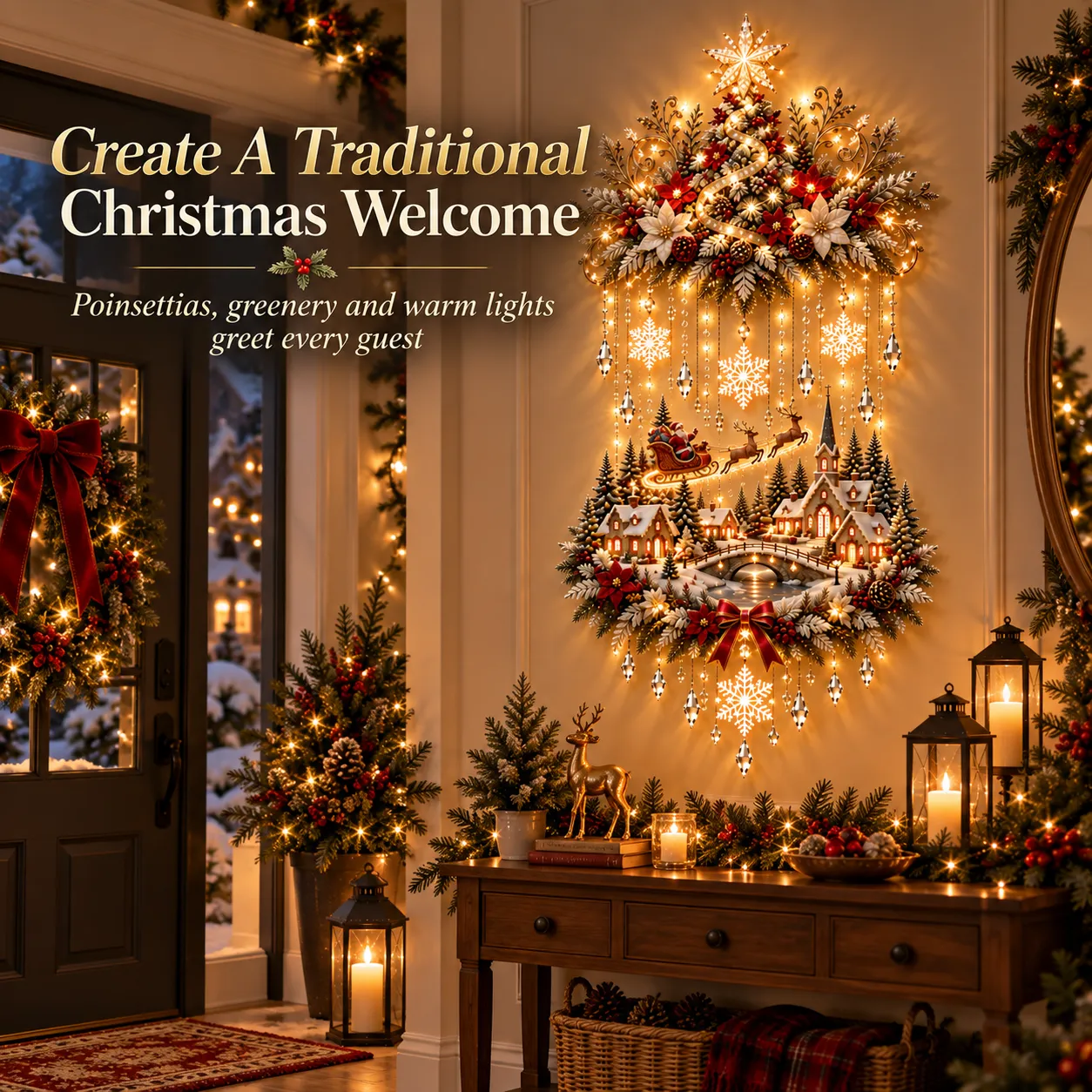 Red poinsettias, frosted greenery, pinecones and traditional Christmas accents