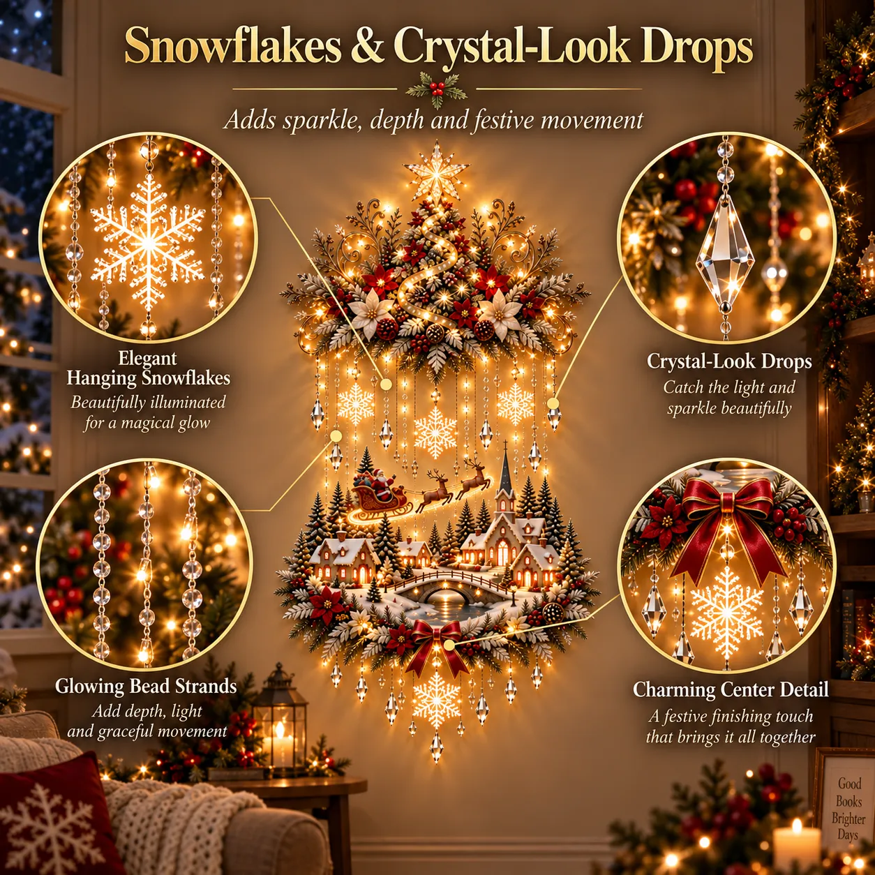 Decorative snowflakes and faceted crystal-look Christmas hanging details