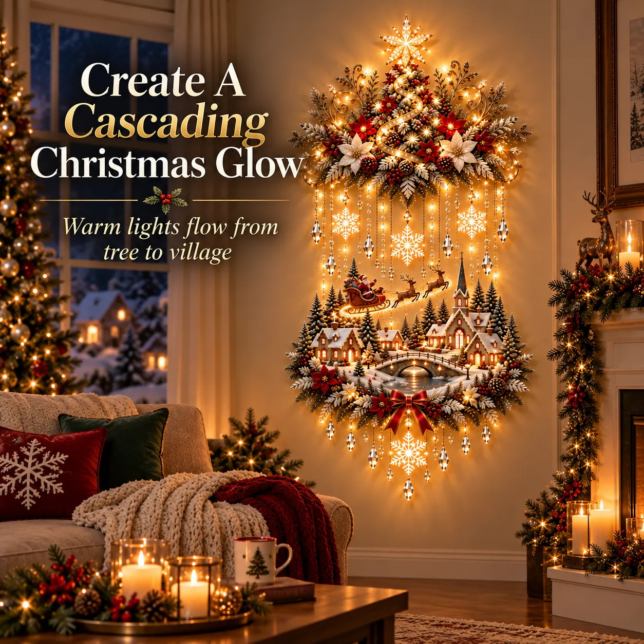 Warm Christmas lights cascading between decorated tree and winter village