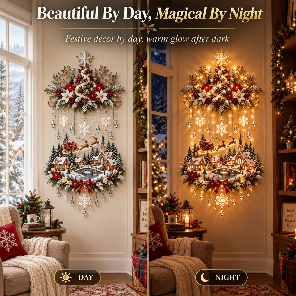 Christmas tree and village wall hanging displayed during the day and at night