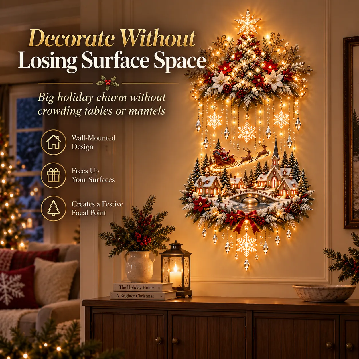 Vertical Christmas village wall hanging displayed without taking up floor or table space