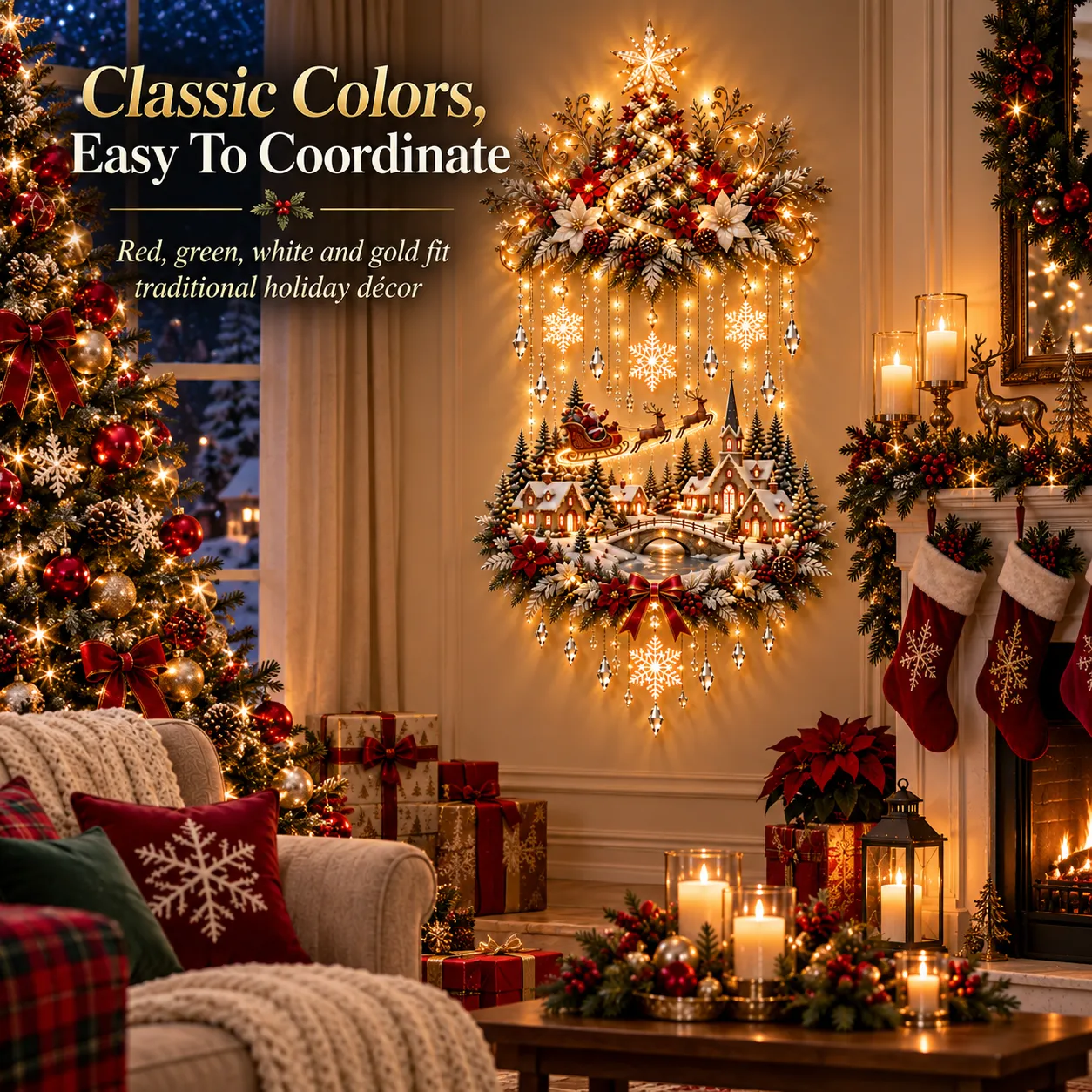 Christmas wall hanging coordinated with traditional festive room decorations